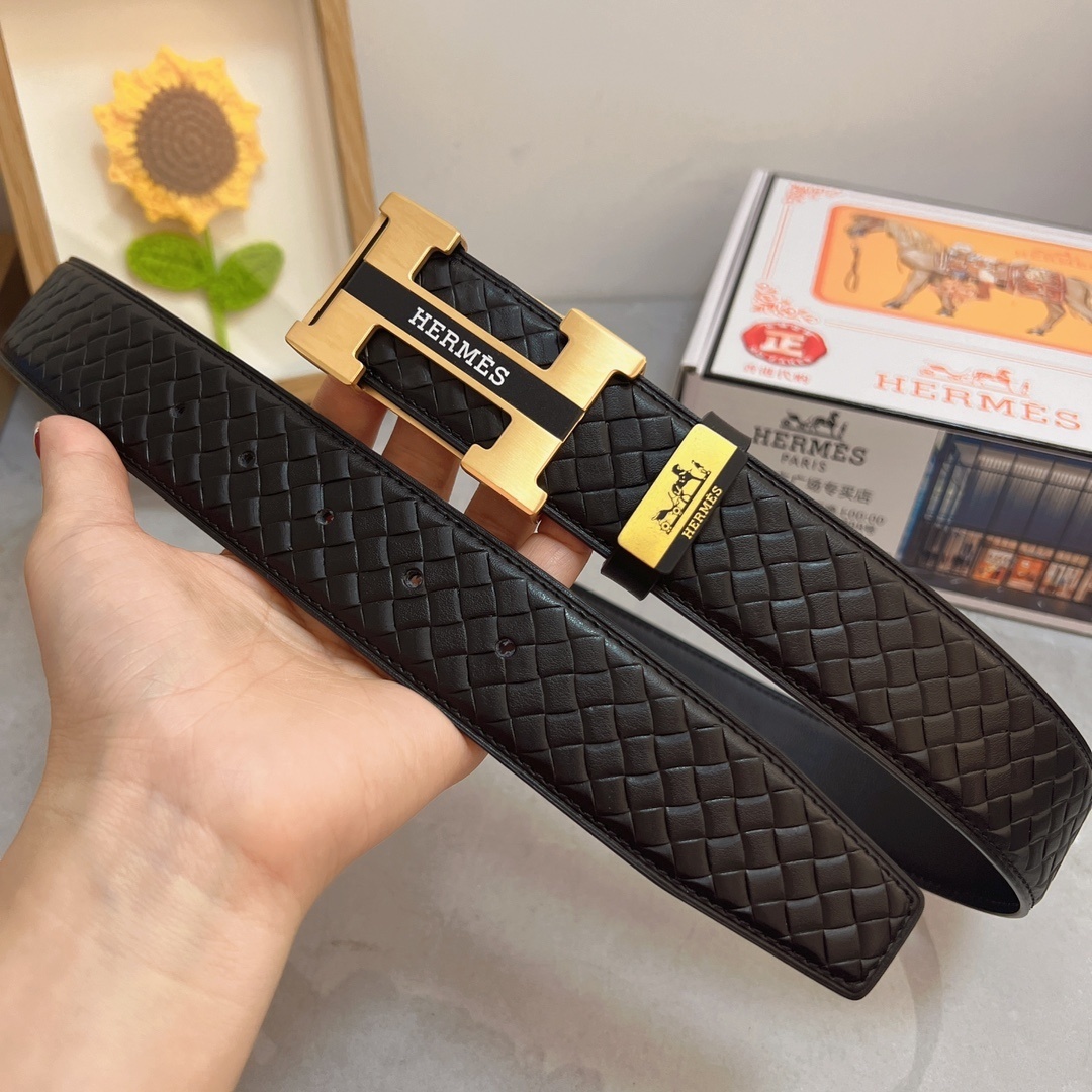 Hermès Men's Woven Leather Belt with Gold-Tone H Buckle