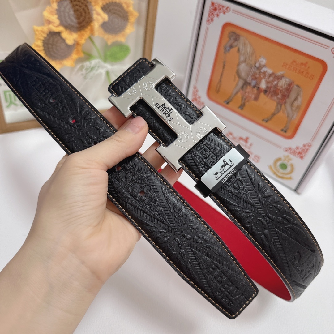 Hermes Men's Luxury Embossed Leather Belt with Silver H Buckle