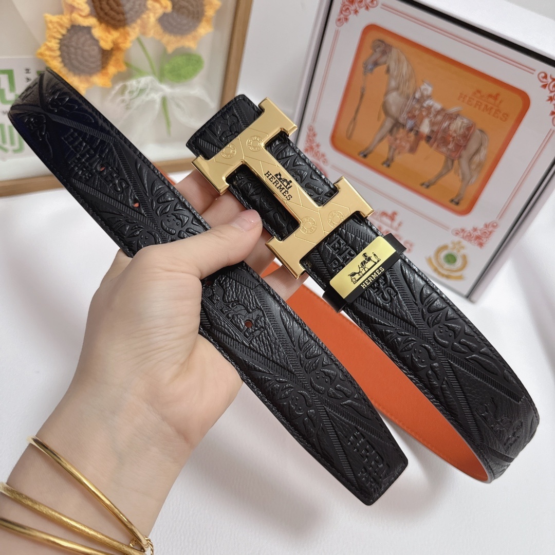 Luxury Hermès Men's Leather Belt - Gold H Buckle with Gift Box