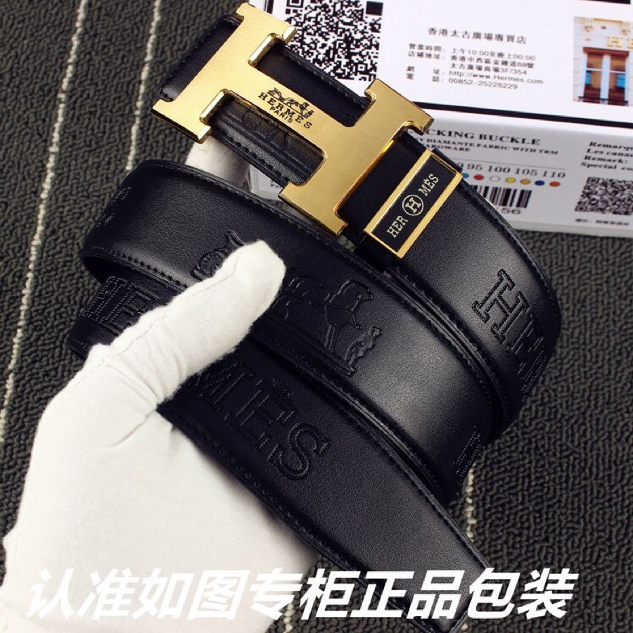 Luxury Hermes H Buckle Black Leather Belt for Men - Classic Gold