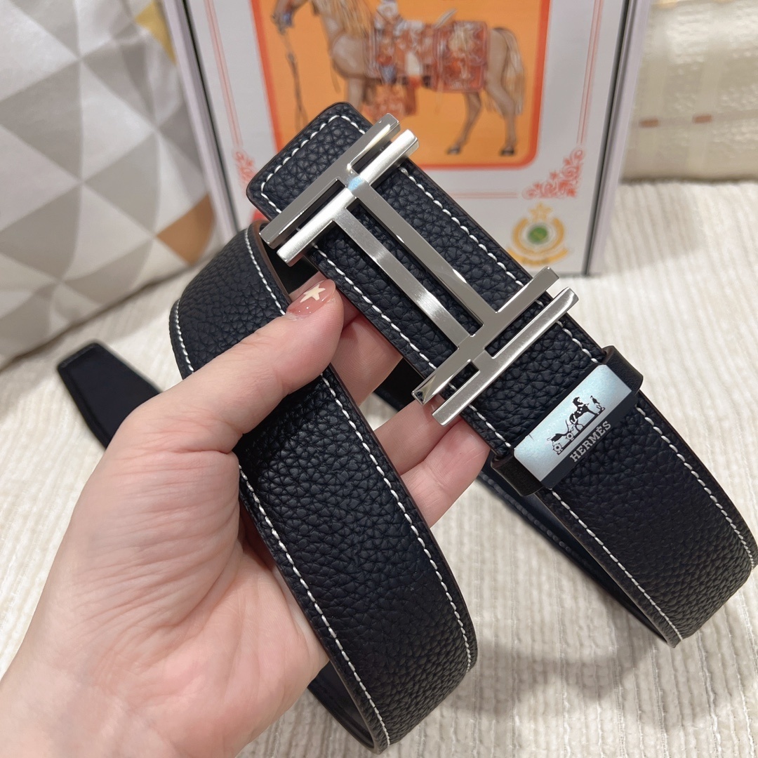 Luxury Hermes Men's Togo Leather Belt with Gold & Silver H Buckle