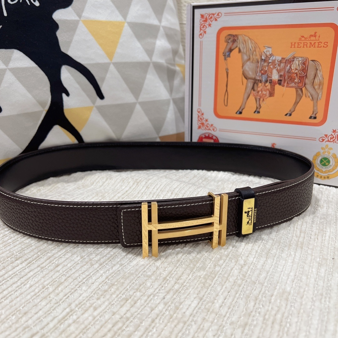 Hermes Men's Luxury Brown Leather Belt with Gold H Buckle