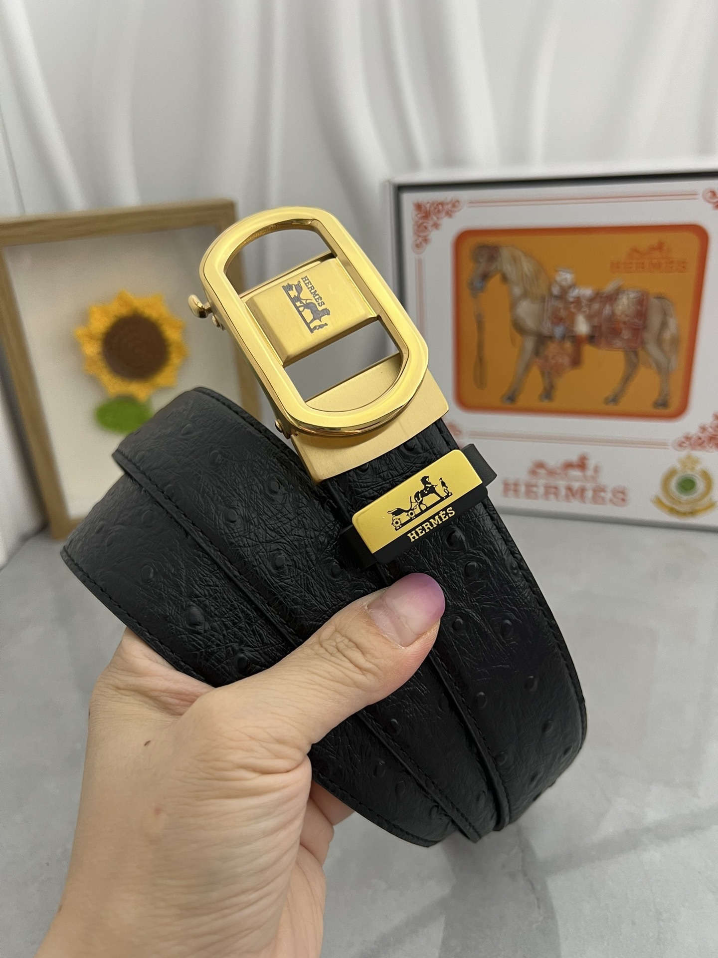 Luxury Hermes Men's Black Ostrich Leather Belt - Automatic Buckle