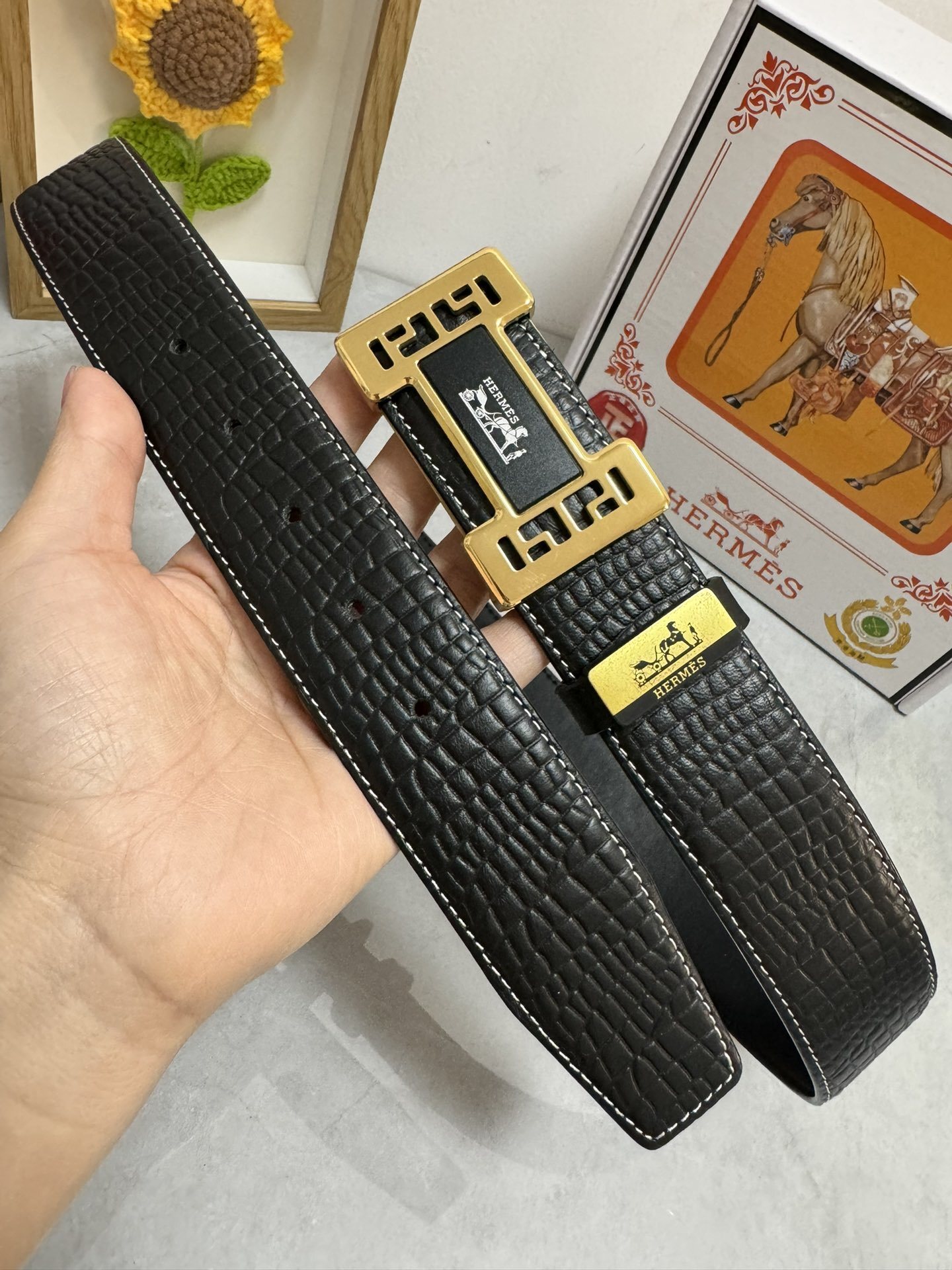 Luxury Hermes Men's Black Croco Leather Belt - Gold H Buckle