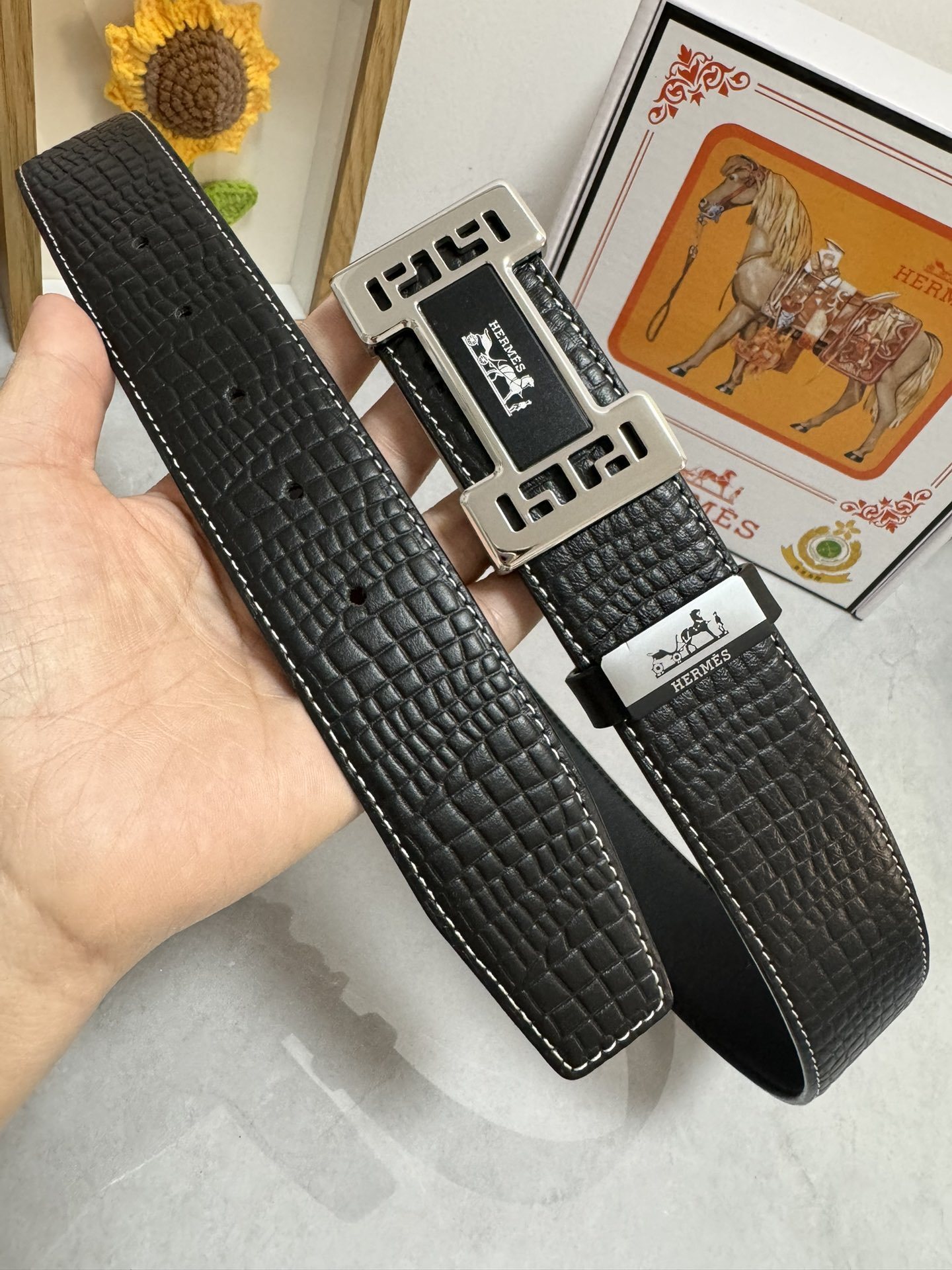 Hermès Luxury Black Croc-Embossed Leather Belt with Silver H Buckle
