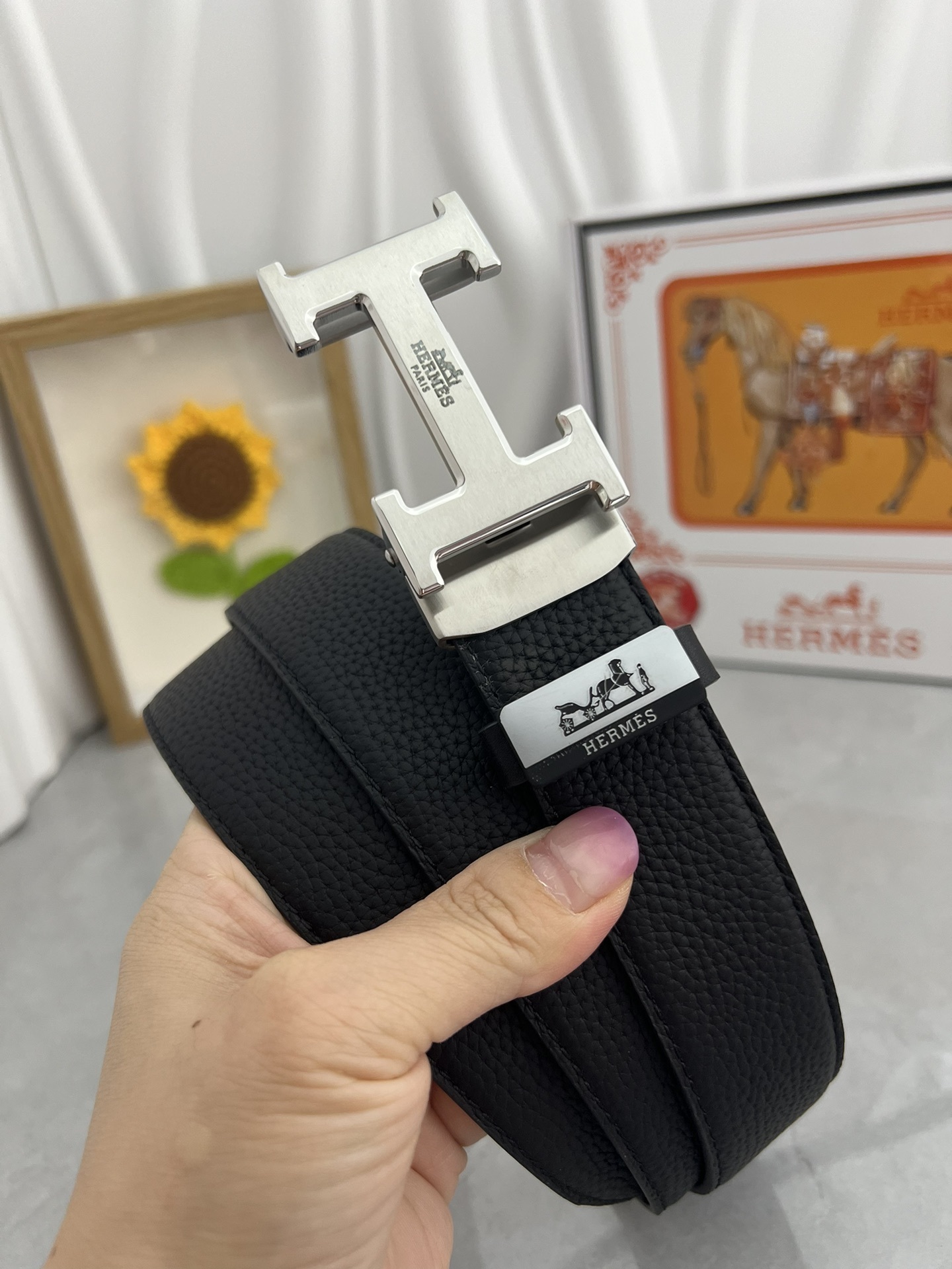 Luxury Hermès Men's Leather Belt with Gold and Silver H Buckles