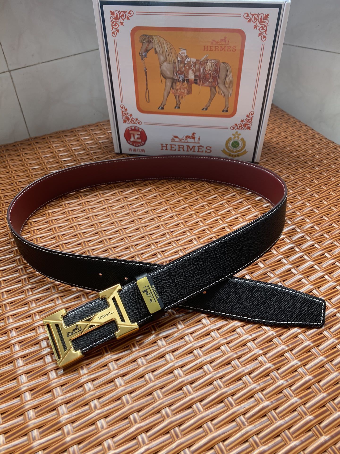 Luxury Hermes Black Leather Belt with Gold H Logo Buckle