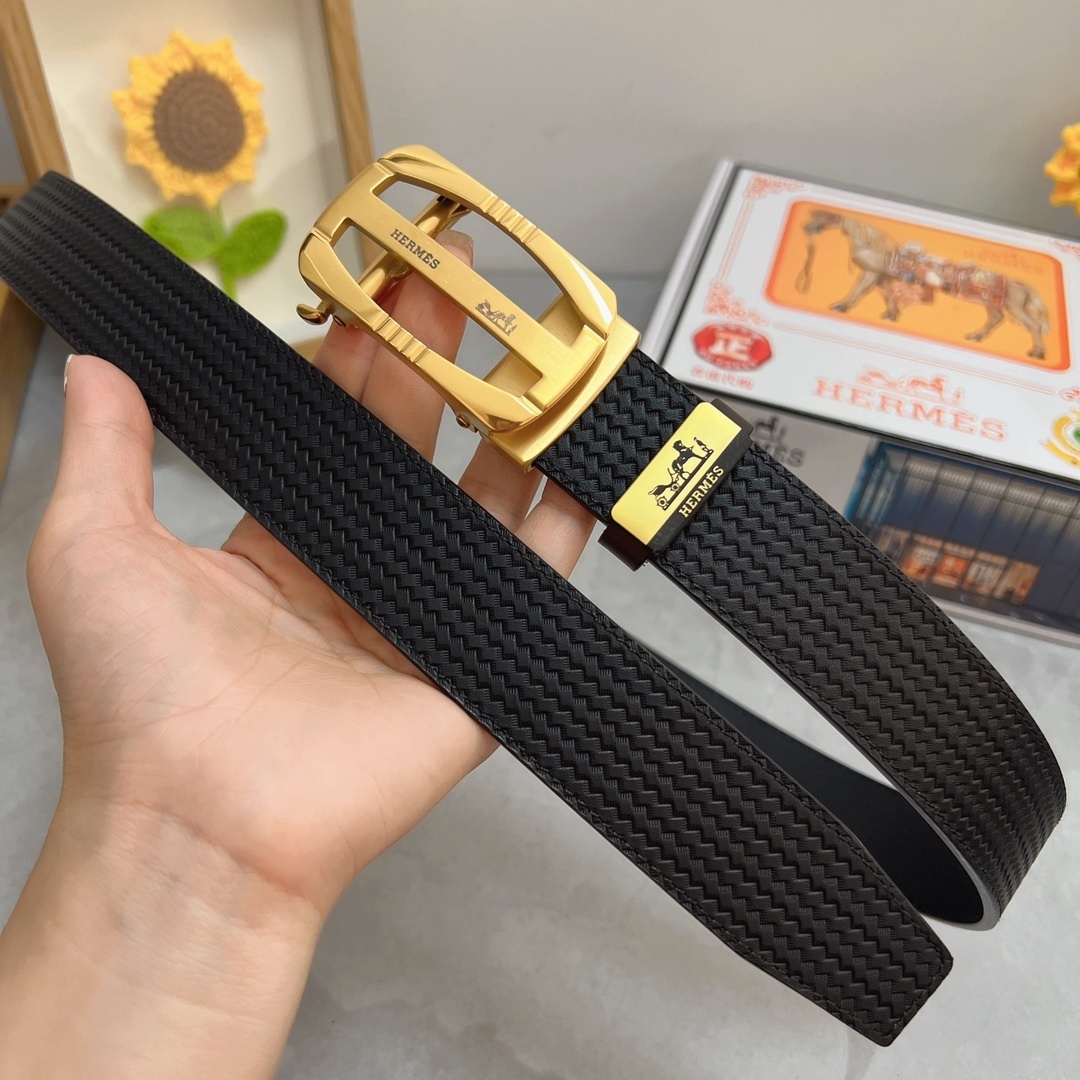 Luxury Hermès Men's Belt - Gold H Buckle Black Textured Leather