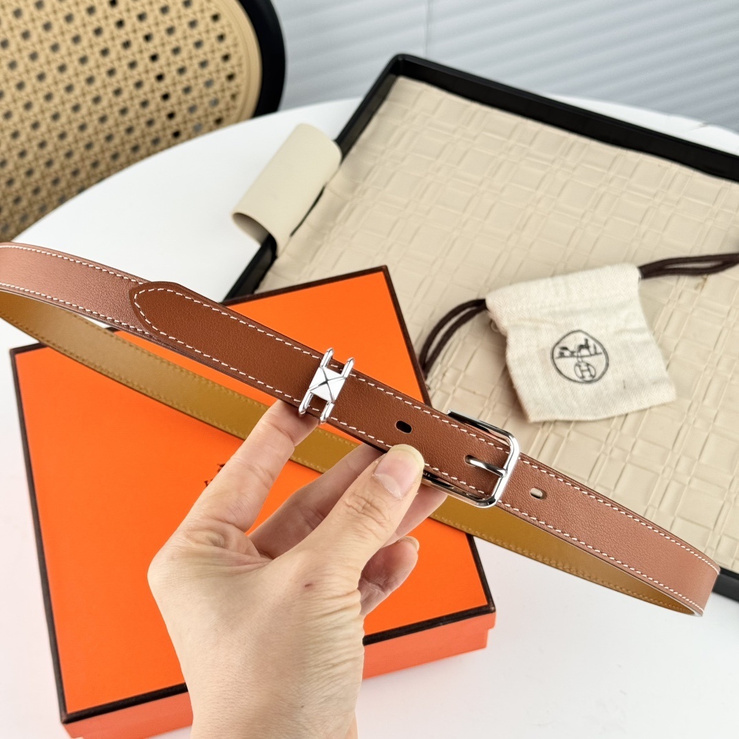 Luxury Hermes Slim Leather Belt - Brown with Silver Hardware