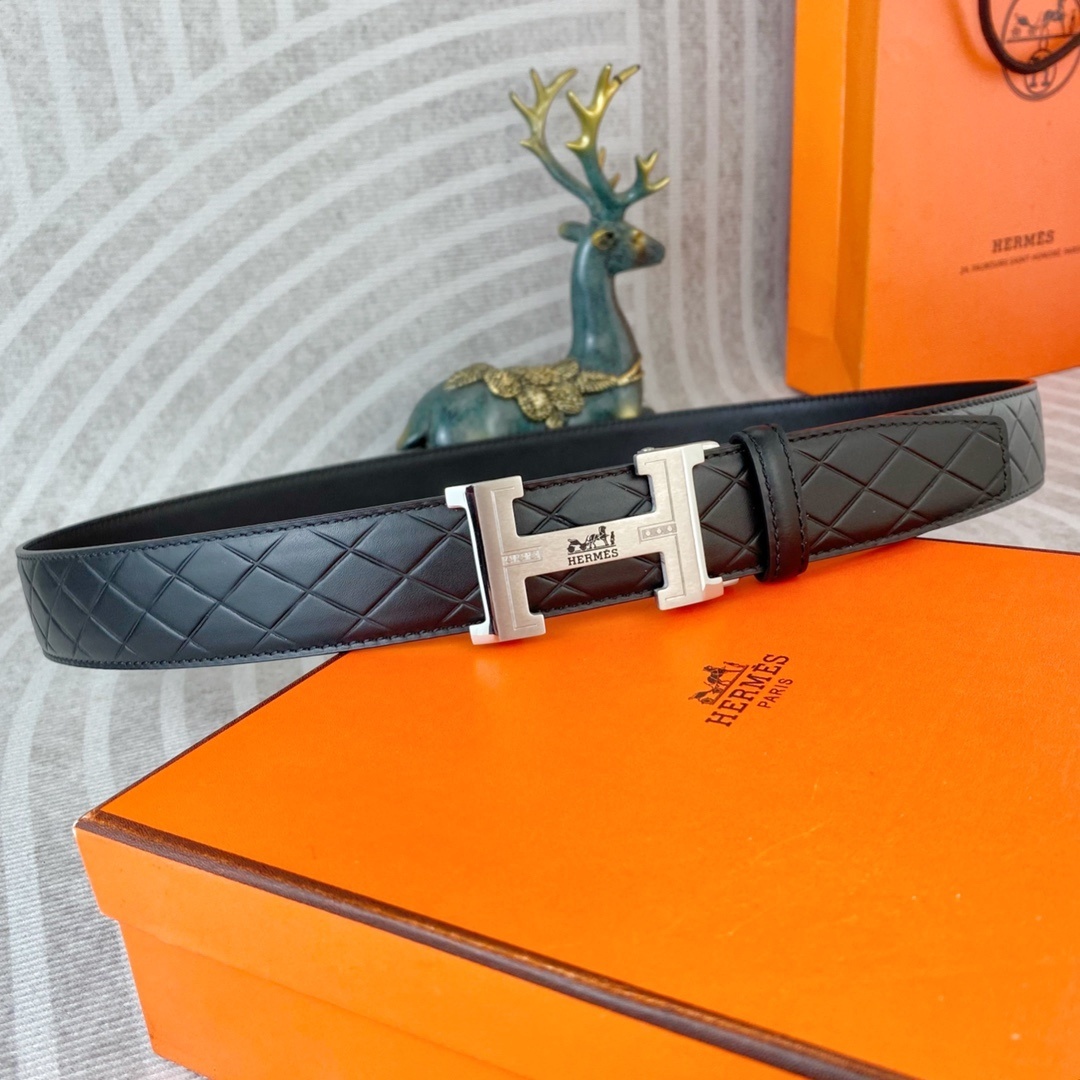 Hermes Men's Black Quilted Leather Belt with Silver H Buckle