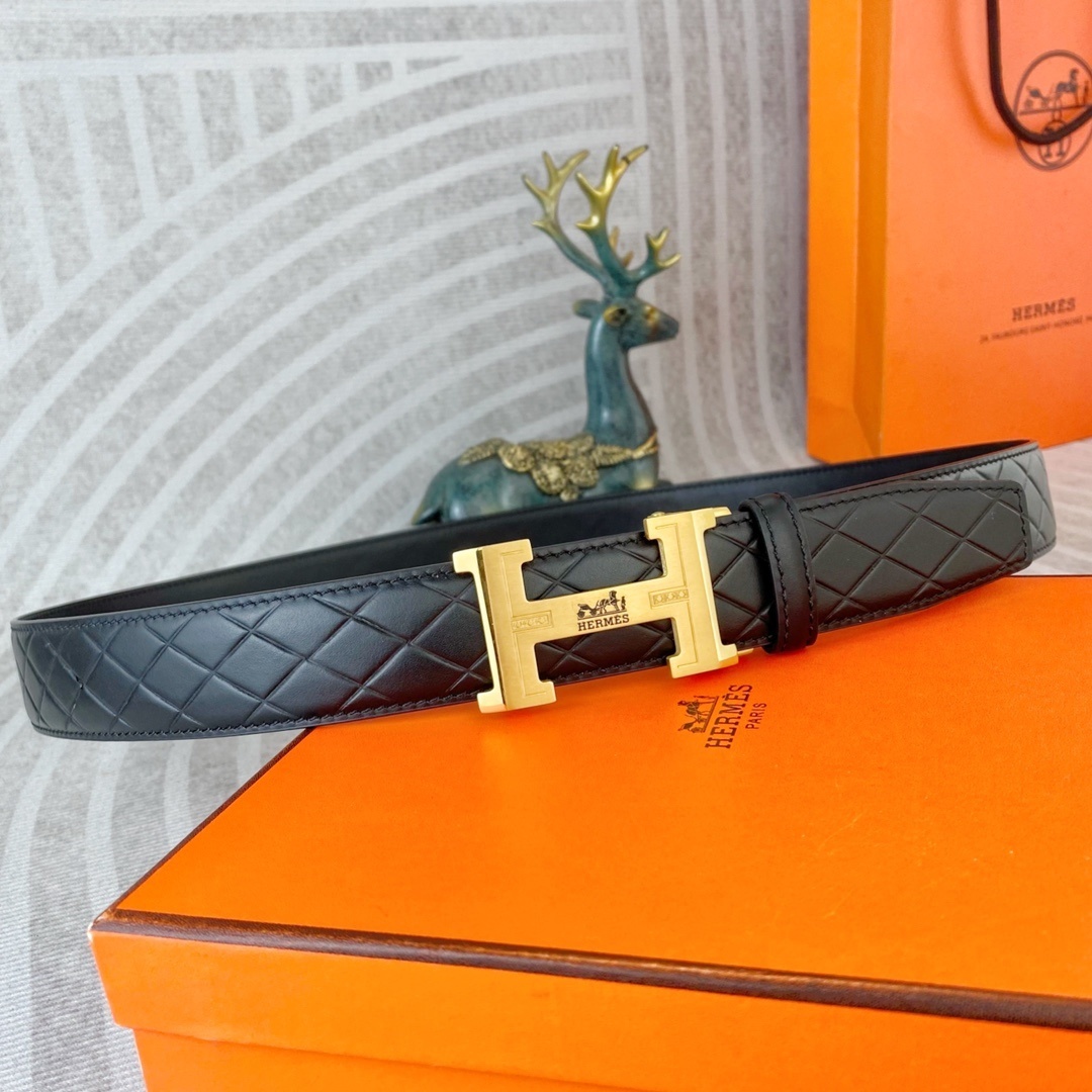 Hermes Men's Black Quilted Leather Belt with Gold H Buckle
