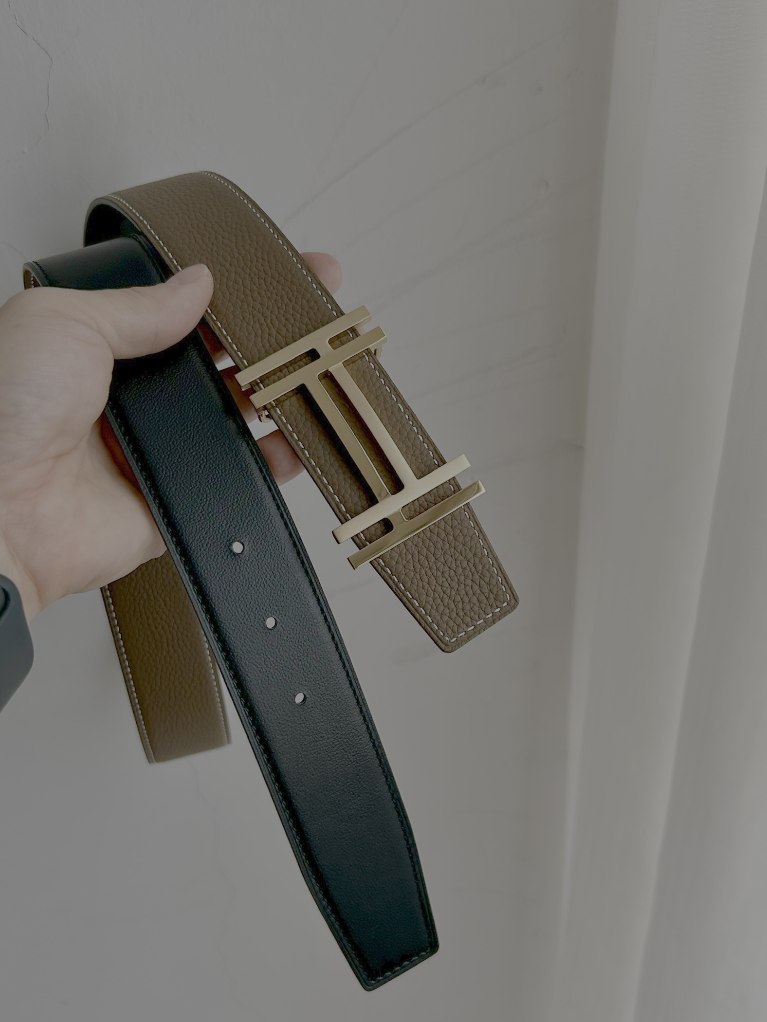 Luxury H Buckle Leather Belt - Etoupe Brown Gold/Silver Hardware