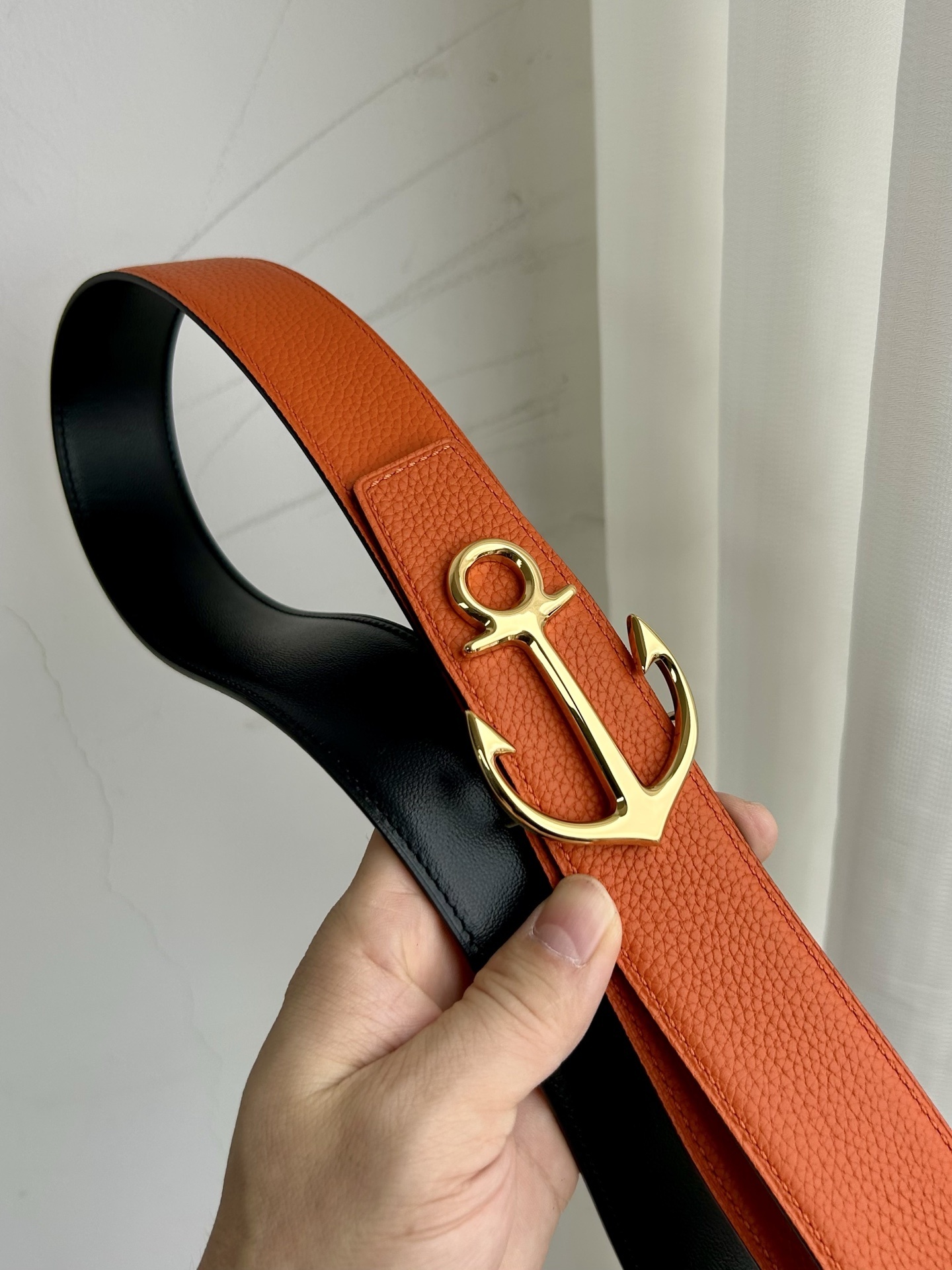 Men's Reversible Leather Belt Gold Anchor Gancini Buckle - Orange/Black
