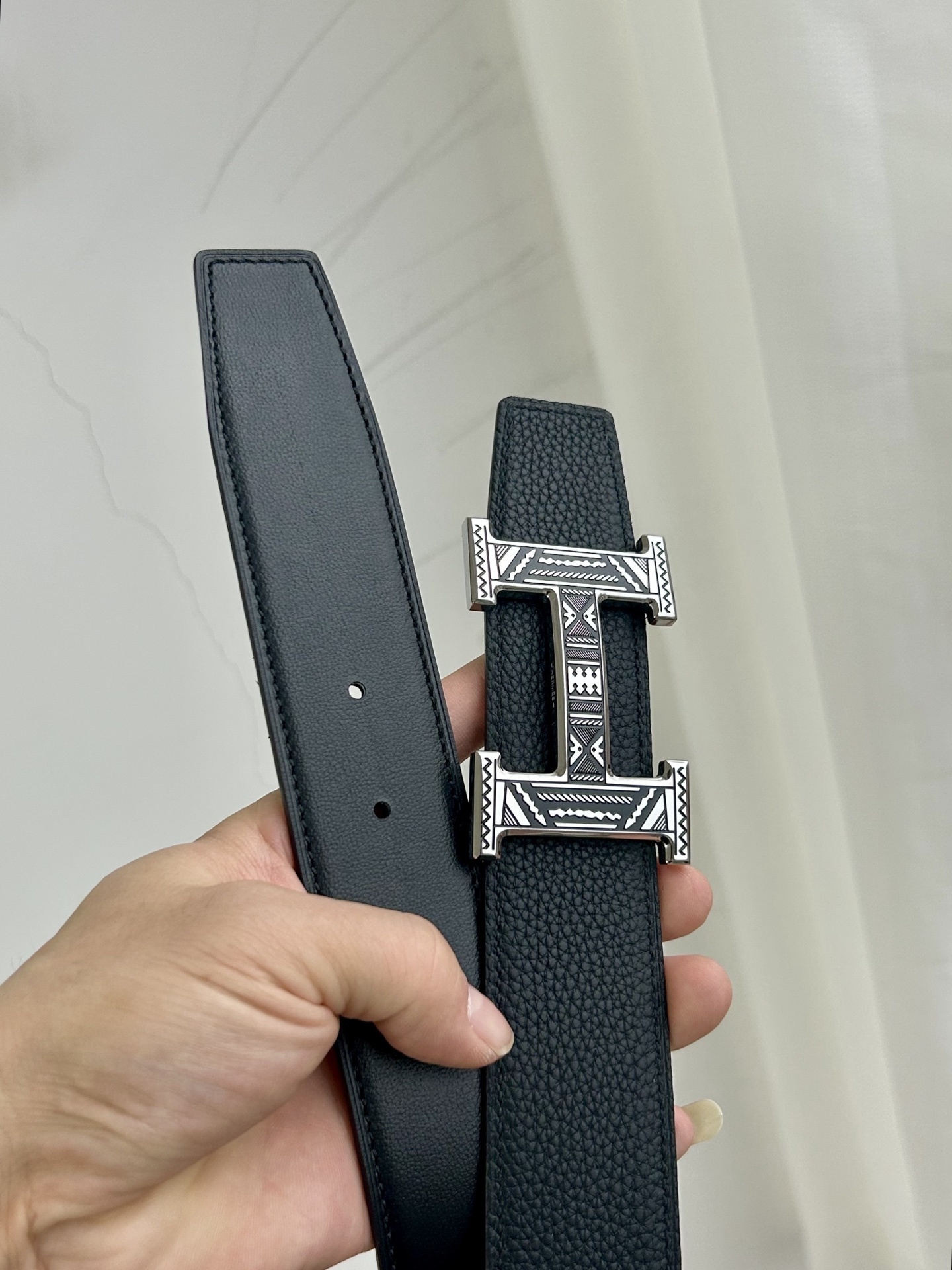 Premium Designer Leather Belt with Patterned H Buckle