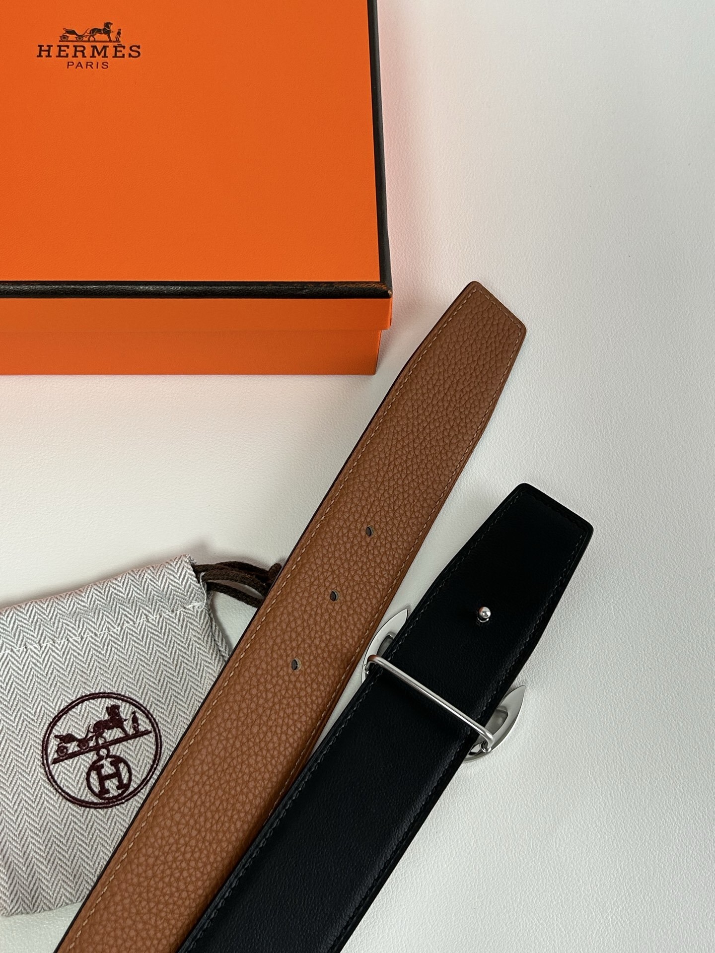 Hermès Reversible Leather Belt with Silver Anchor Buckle