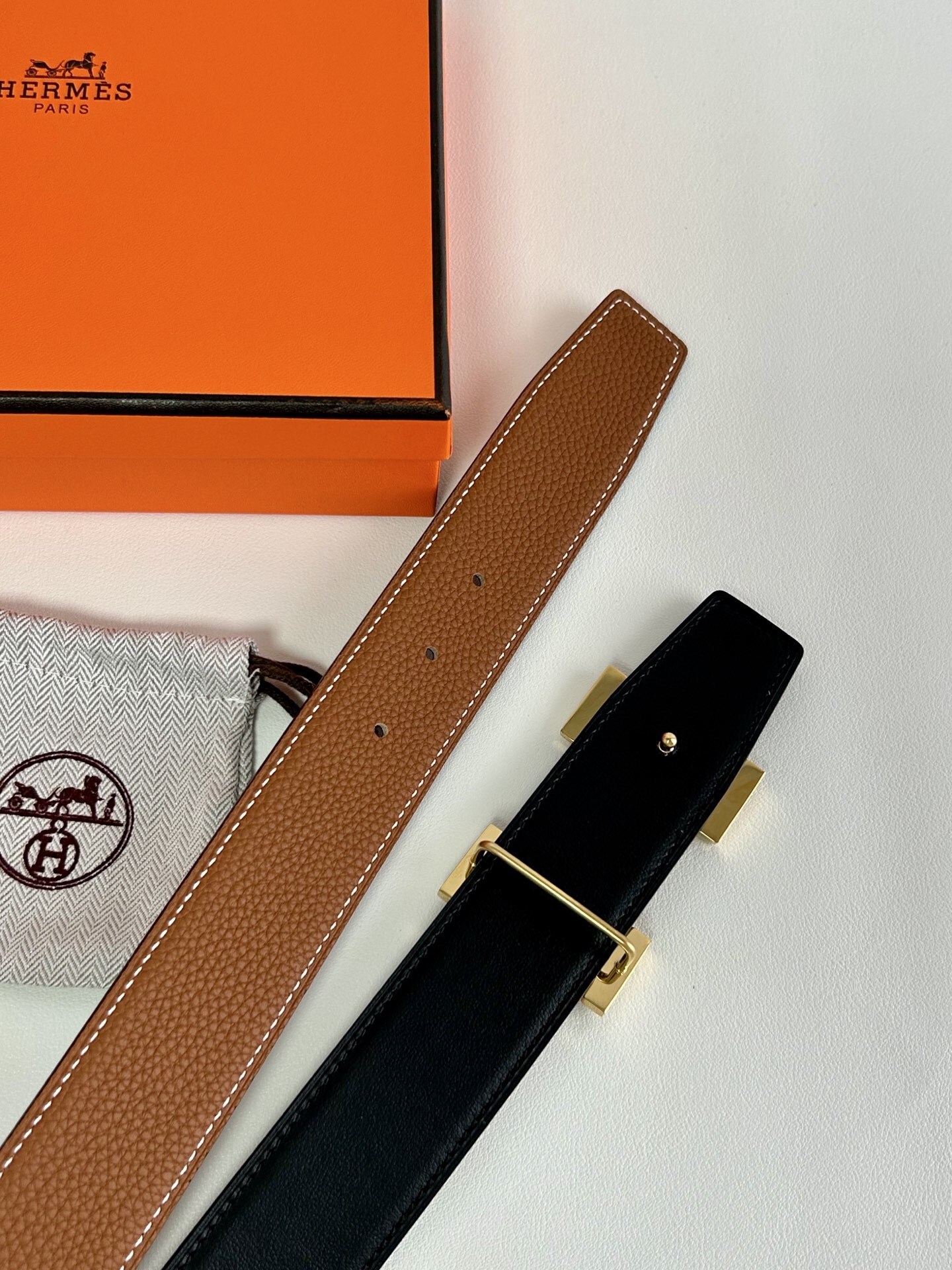 Hermès Reversible Leather Belt with Patterned Gold H Buckle