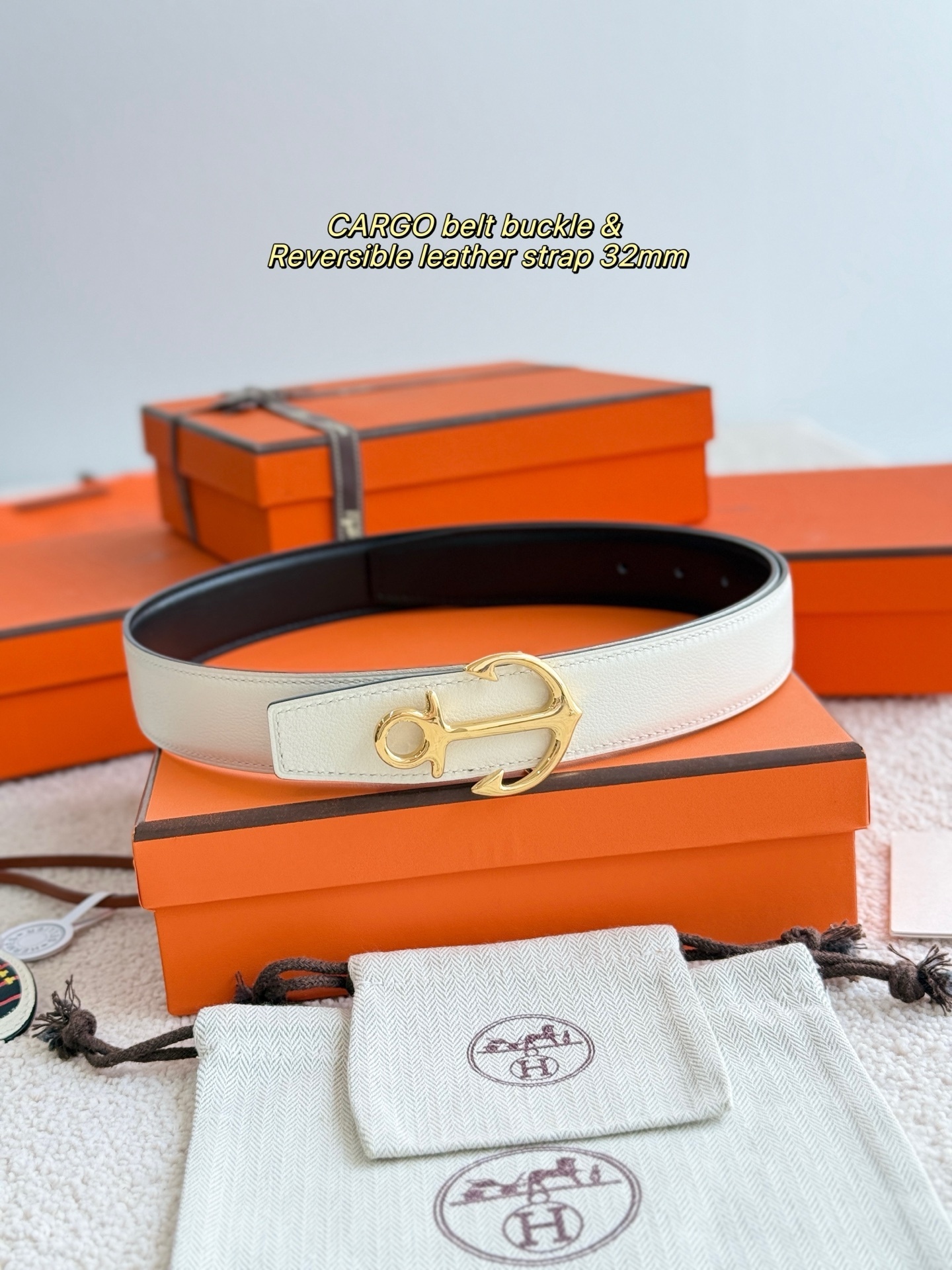 Hermes 32mm Reversible Leather Belt with Gold Cargo Anchor Buckle