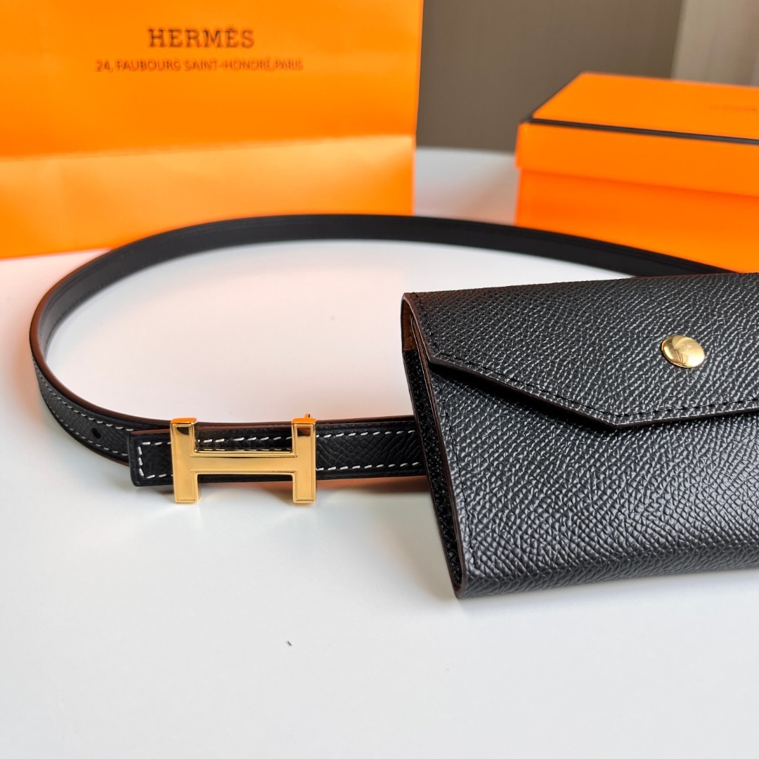 Luxury Black Leather Belt Bag with Gold H Buckle & Waist Pouch