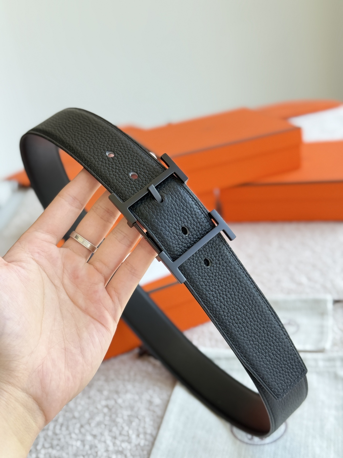 Men's Hermès H Belt - Black Textured Leather with Matte Black Buckle