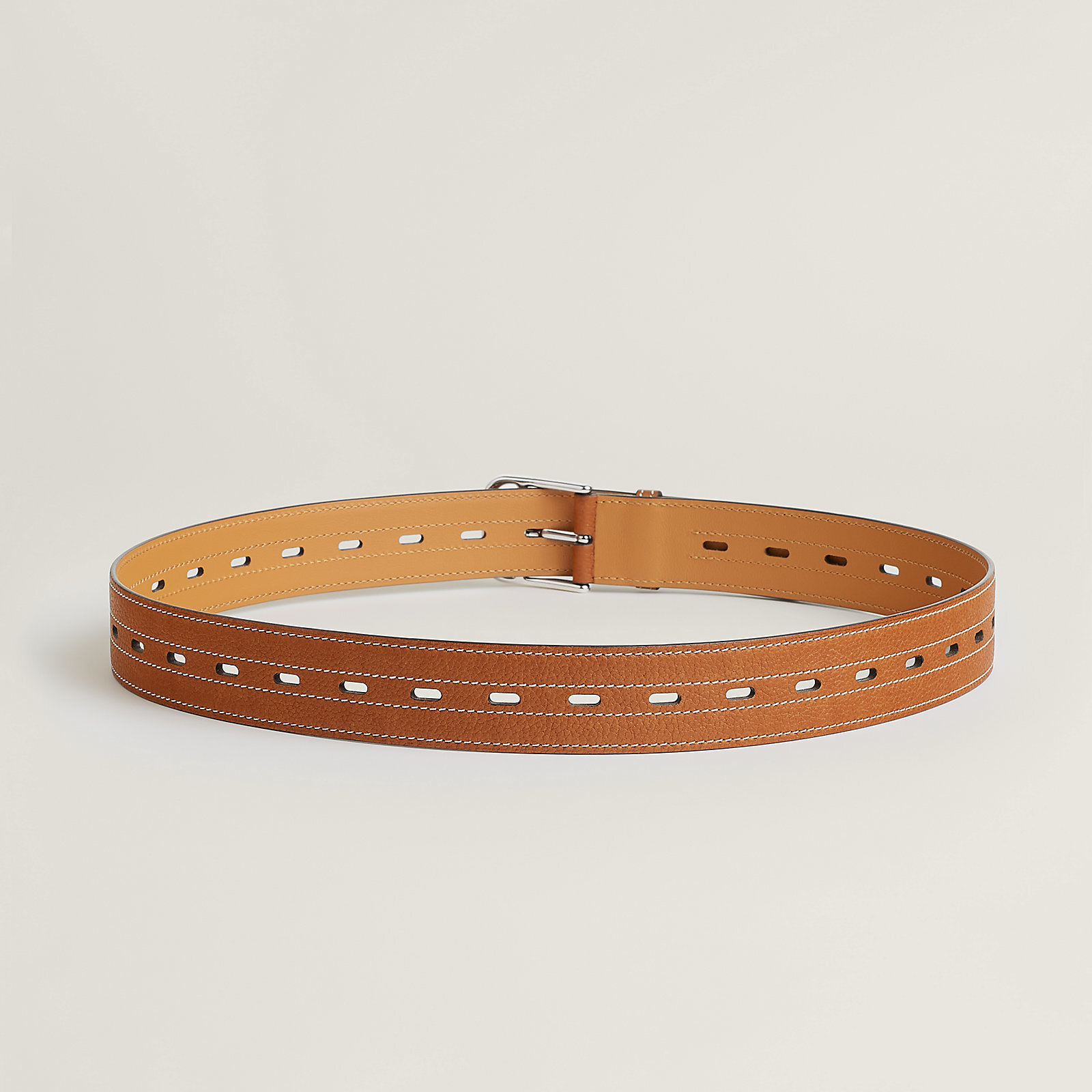 Premium Brown Leather Perforated Belt with Silver-Tone Buckle