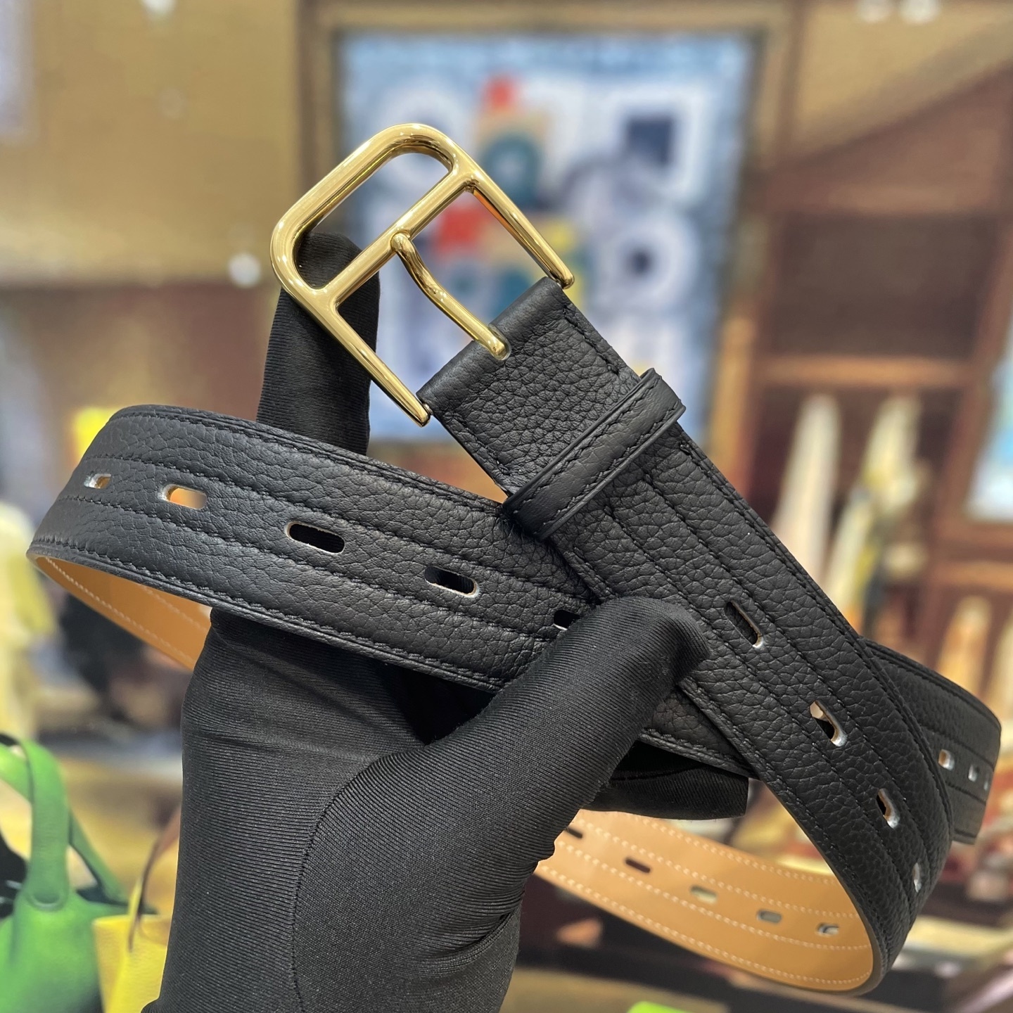 Premium Black Pebbled Leather Belt with Elegant Gold Buckle