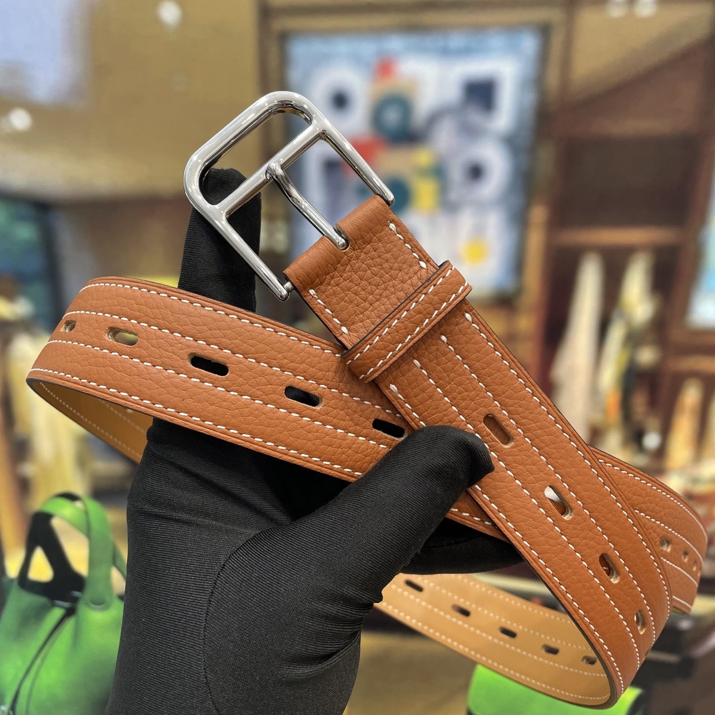 Luxury Tan Leather Belt with Silver Buckle & White Contrast Stitch