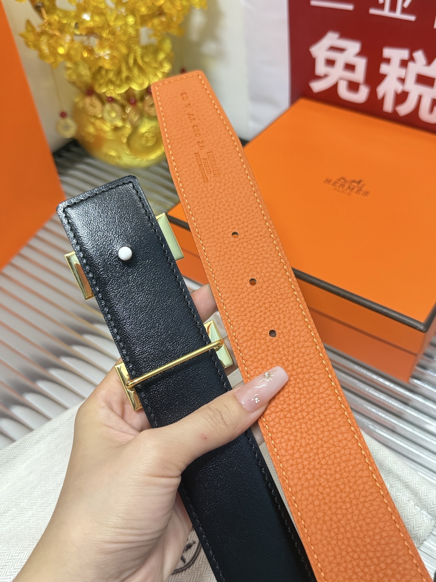 Hermes Orange Leather Belt with Gold H Buckle - Premium Accessory