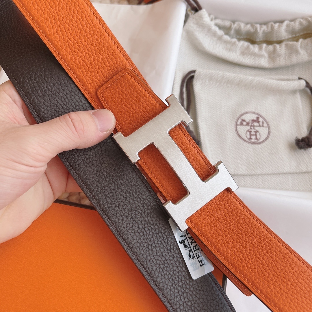 Premium Reversible H Buckle Leather Belt - Orange & Black