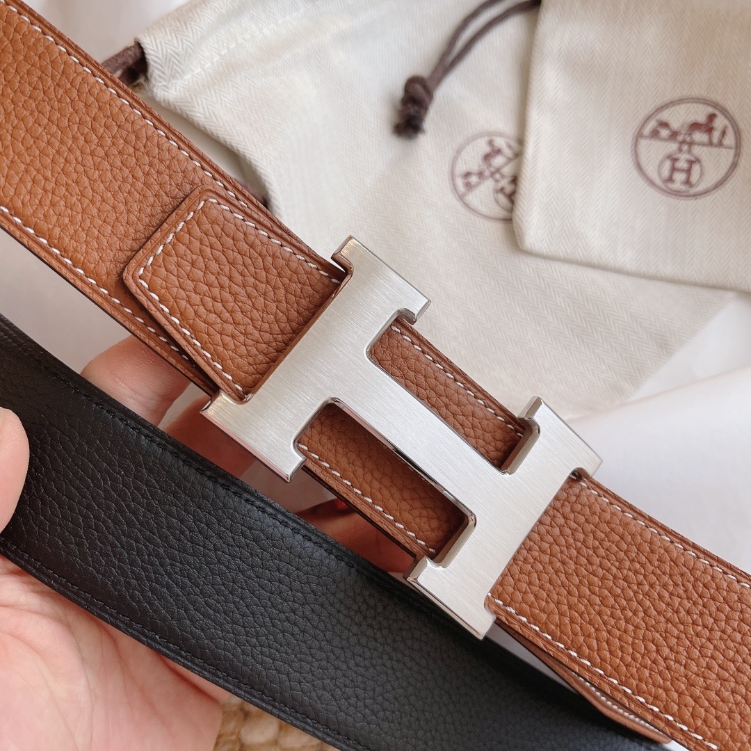 Premium Reversible Leather Belt with Brushed Silver H Buckle
