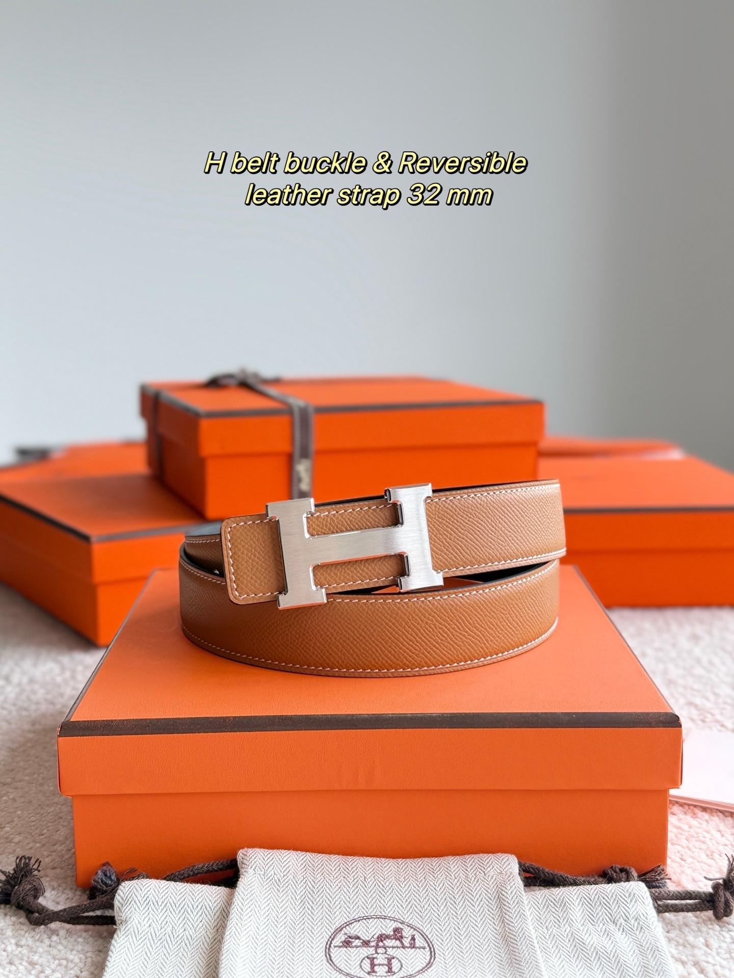 Hermes 32mm Reversible Leather Belt with Silver H Buckle