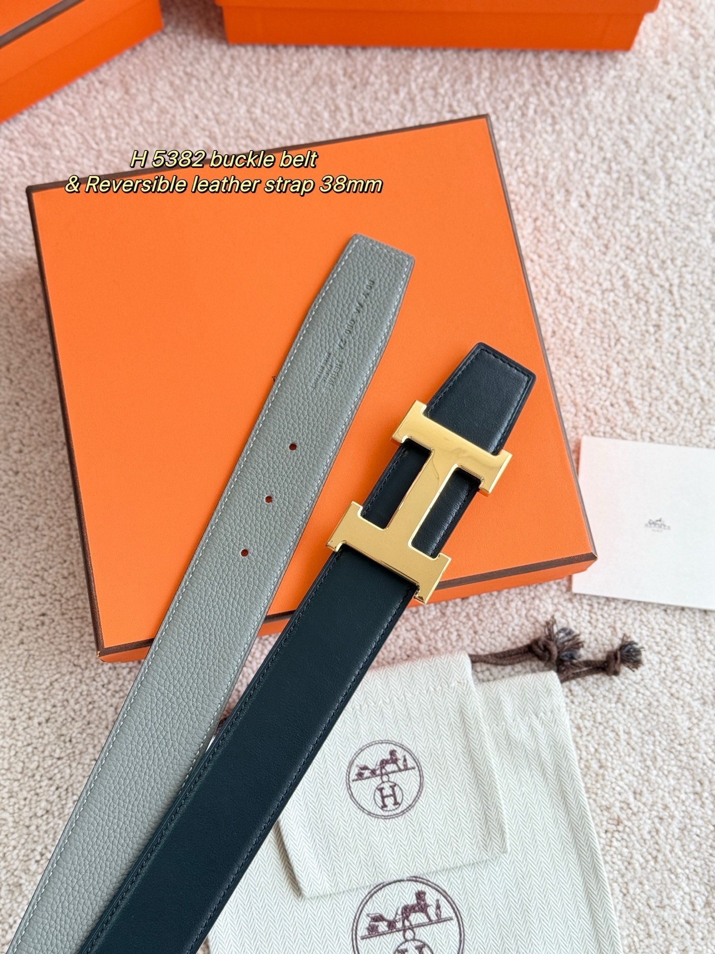 Luxury H 5382 Gold Buckle Reversible Leather Belt - 38mm