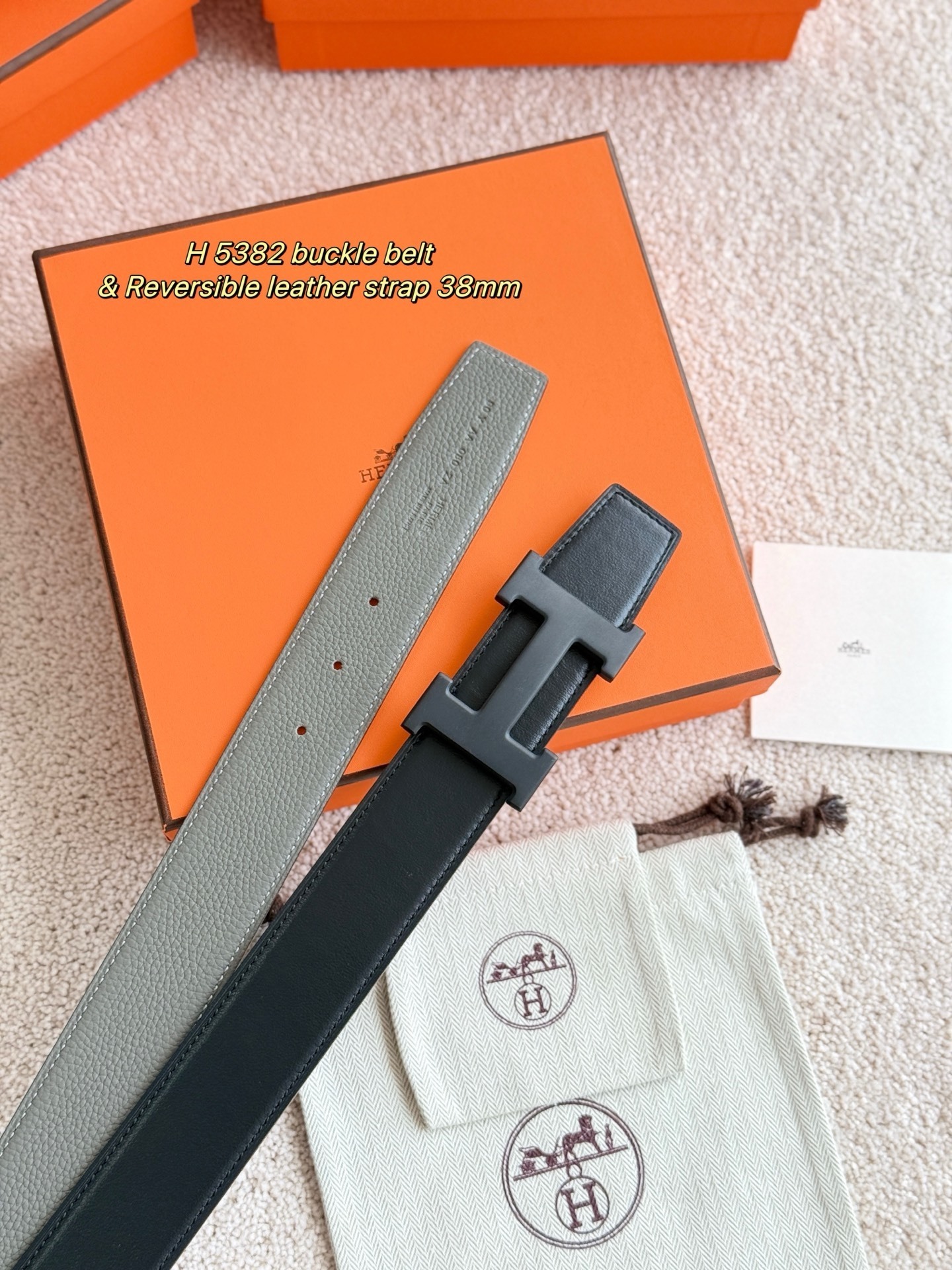 Luxury H 5382 Reversible Leather Belt 38mm - Grey & Black