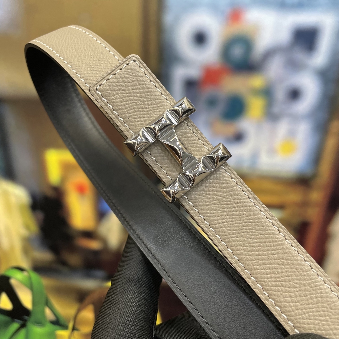 Luxury Taupe Leather Belt with Studded Silver H Buckle