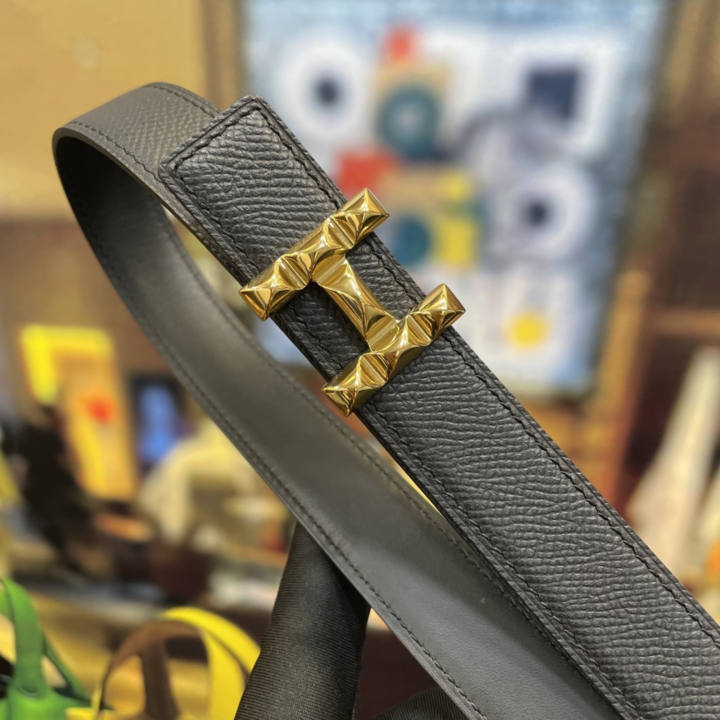 Luxury Women's Black Leather Belt with Gold Studded H-Buckle