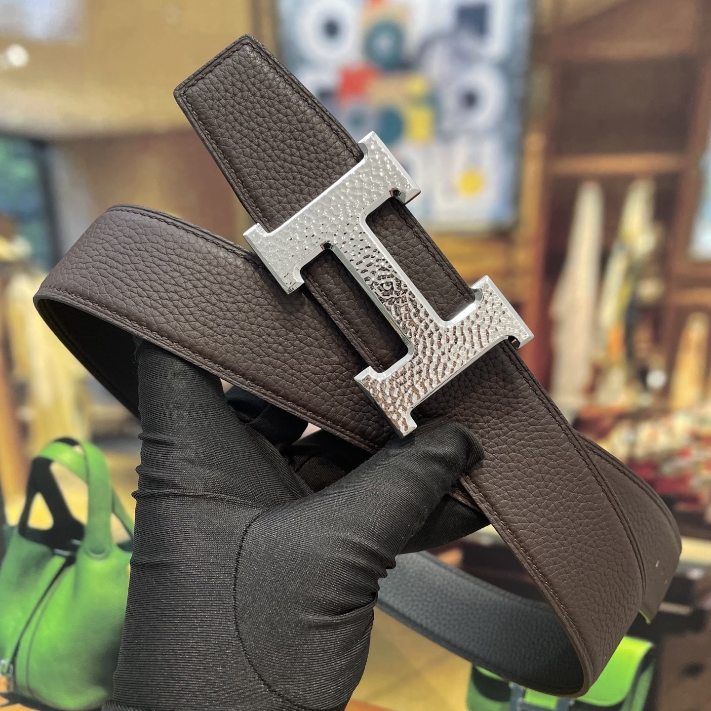 Luxury Men's Brown Pebbled Leather Belt with Silver H Buckle