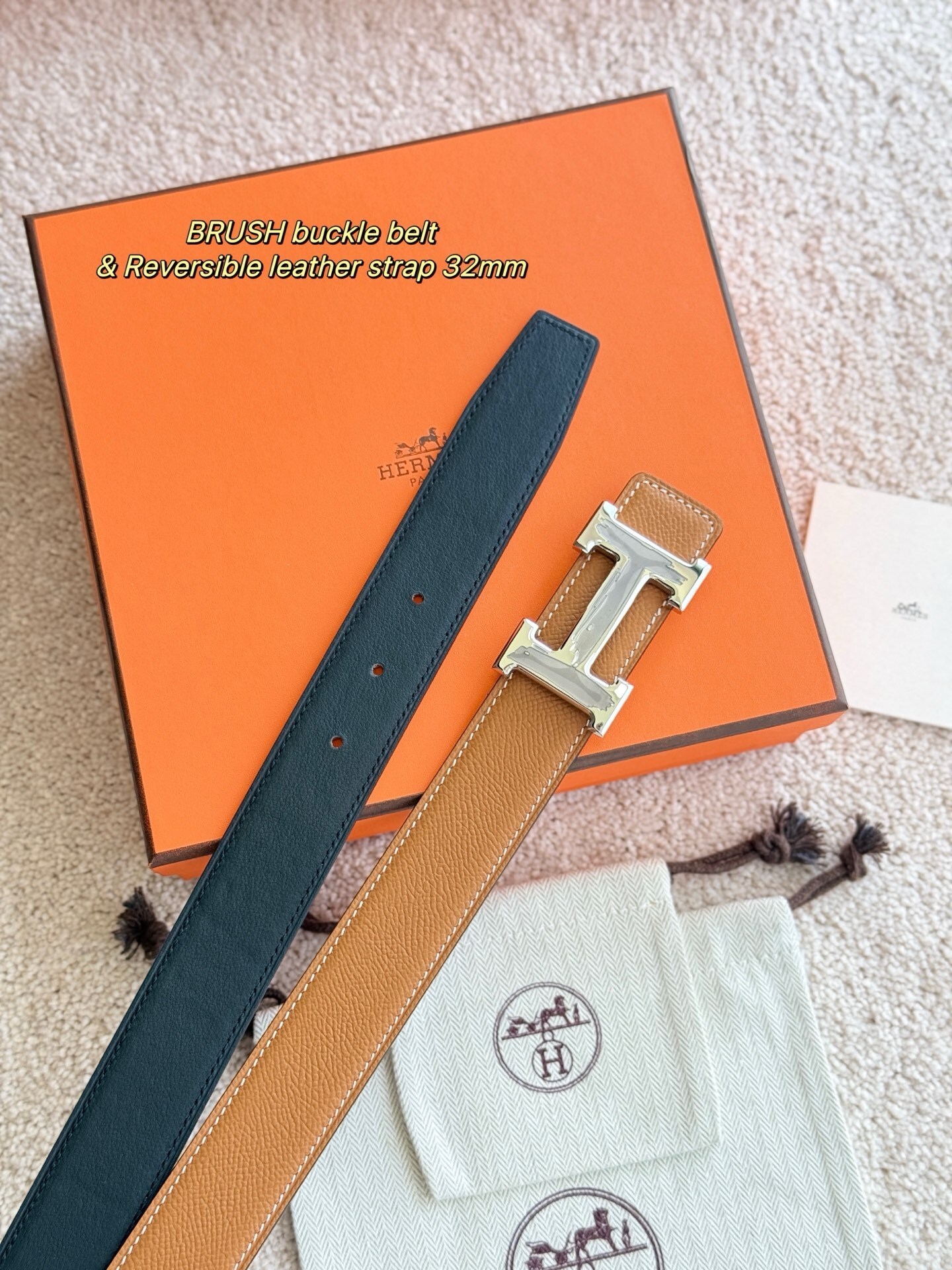 Premium 32mm Reversible Leather Belt with Brushed Silver H Buckle