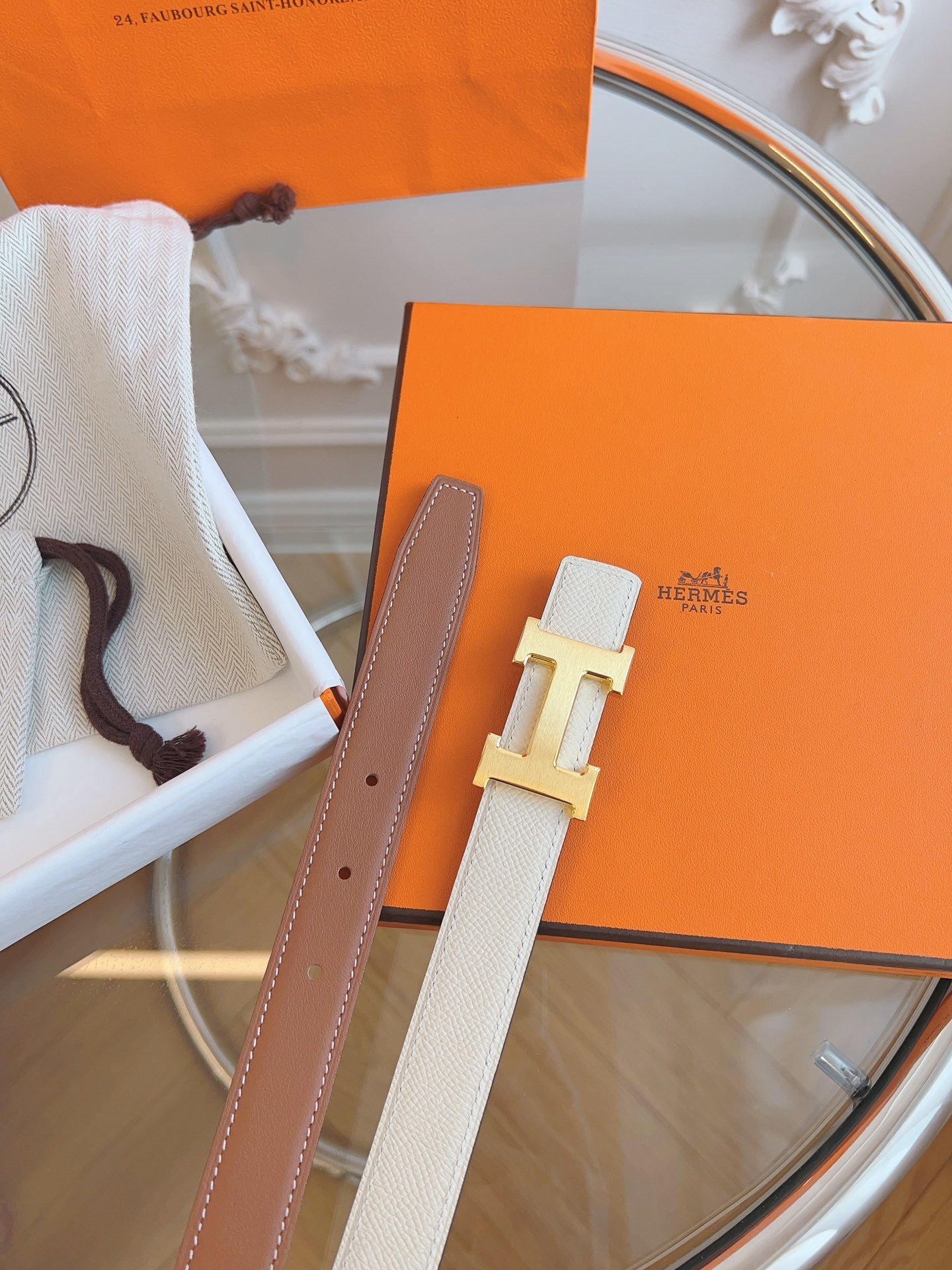 Hermès Reversible Belt with Gold H Buckle - White & Brown Leather
