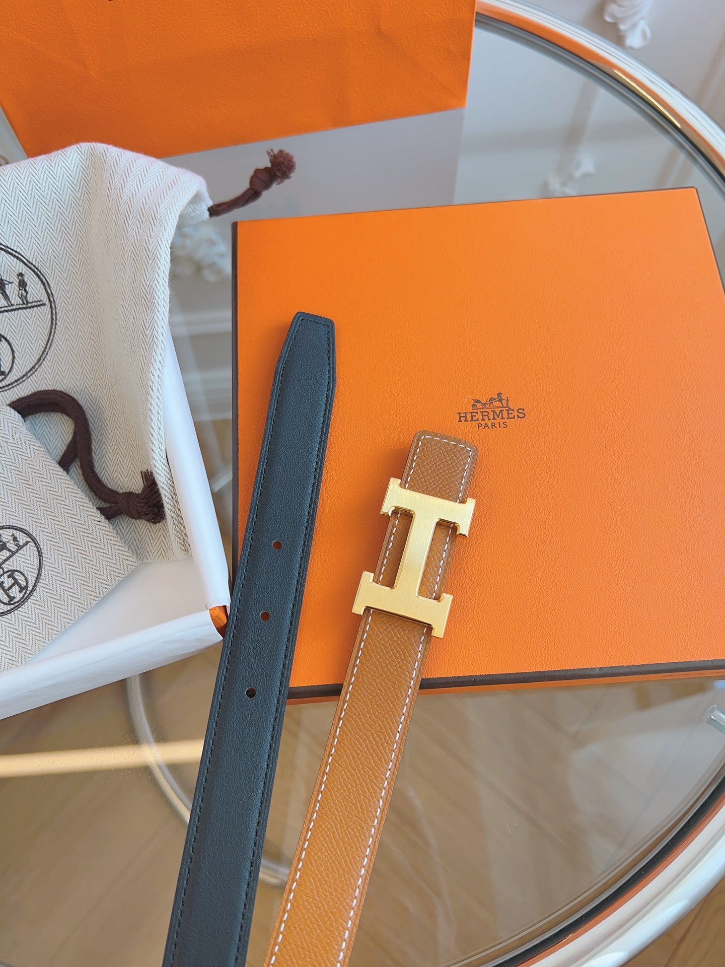 Hermès Reversible Leather Belt with Gold H Buckle