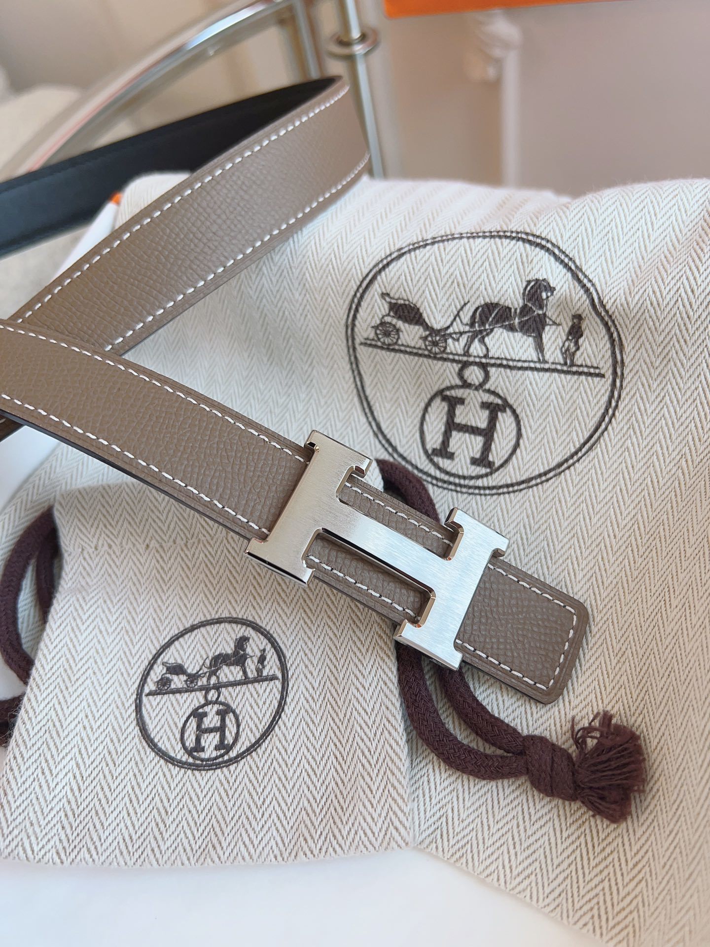 Hermès H Buckle Belt in Etoupe Leather with Silver Hardware