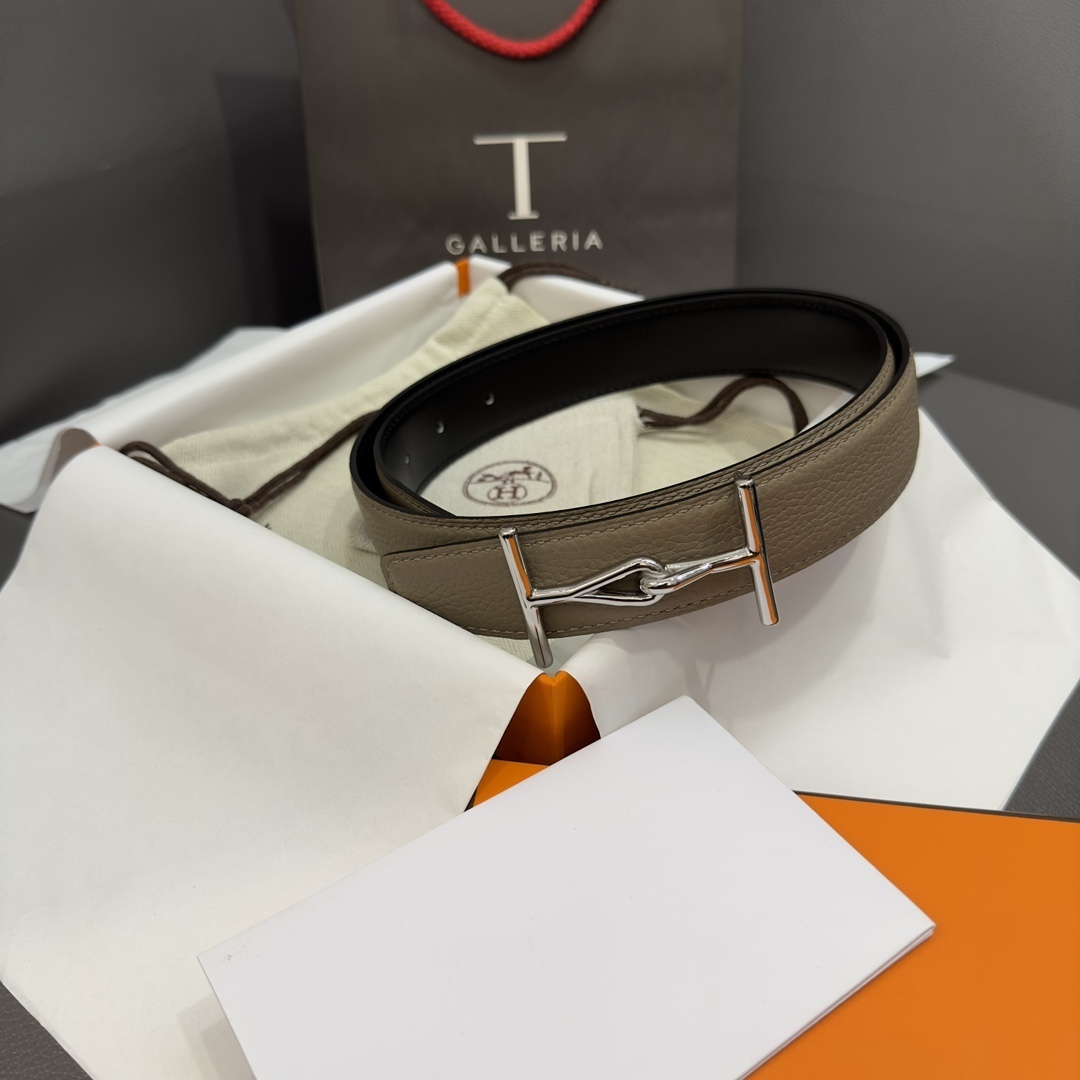 Hermes Mors Buckle Reversible Leather Belt - Taupe & Black Silver