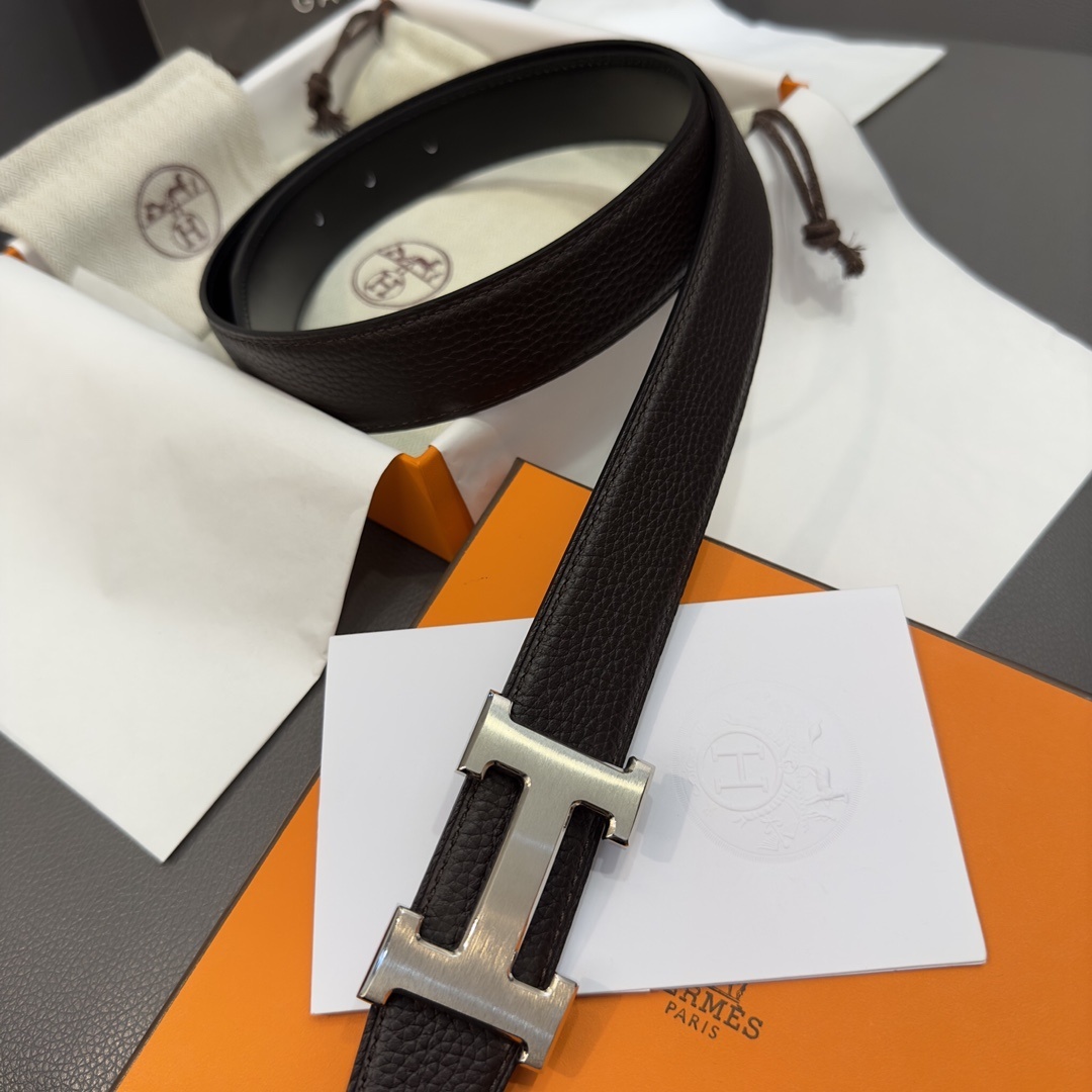 Luxury Hermes Men's H Belt - Grained Dark Brown Leather & Gold