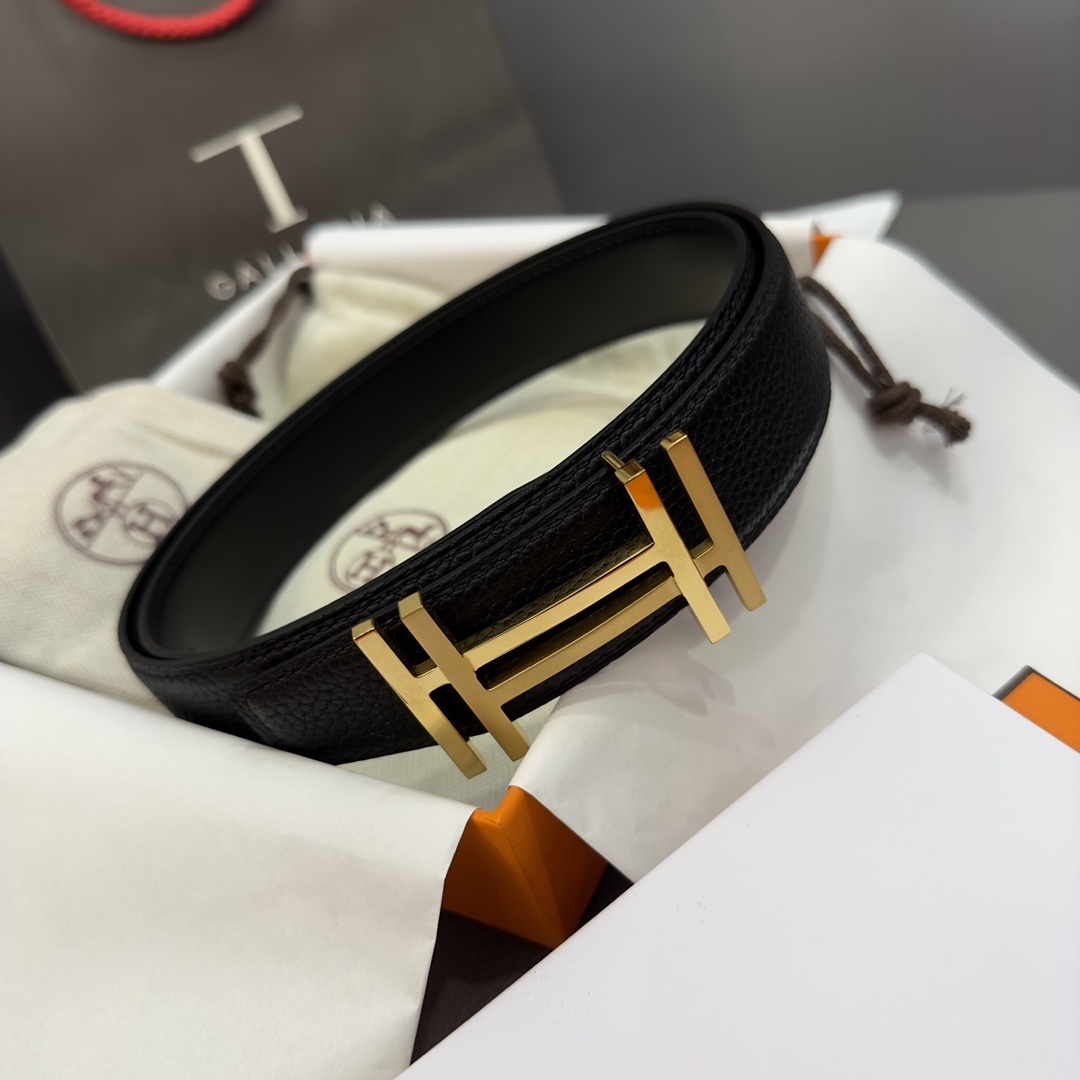 Hermès Men's Belt with Gold H Buckle - Black Grained Leather