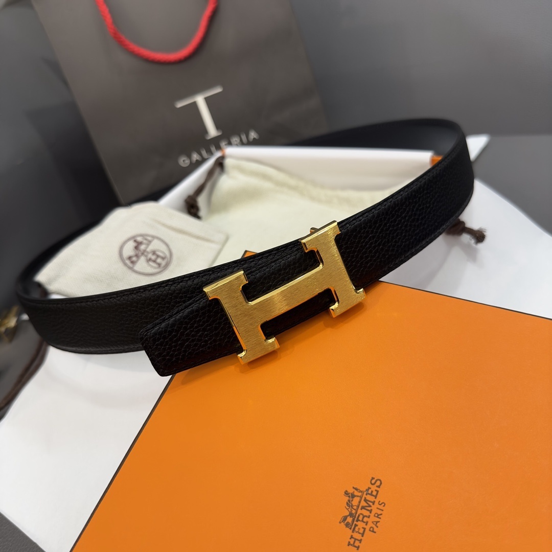 Authentic Hermes H Belt Reversible Black Leather Gold Buckle