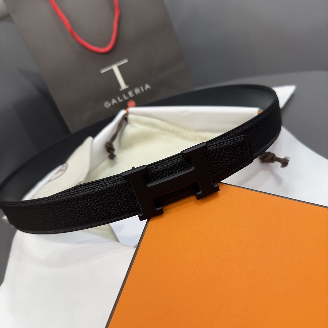 Hermes Men's Black Textured Leather Belt with Matte H Buckle