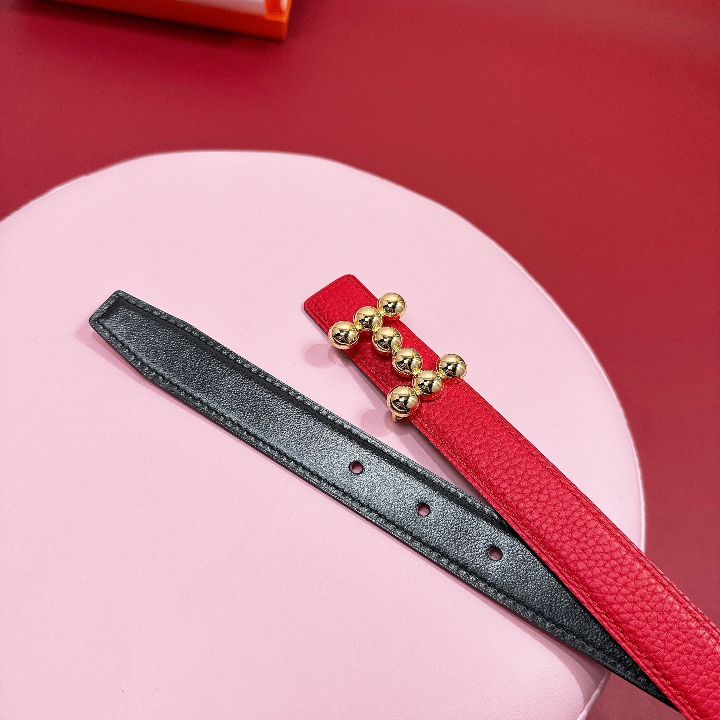 Luxury Red Pebbled Leather Belt with Gold Beaded H Buckle