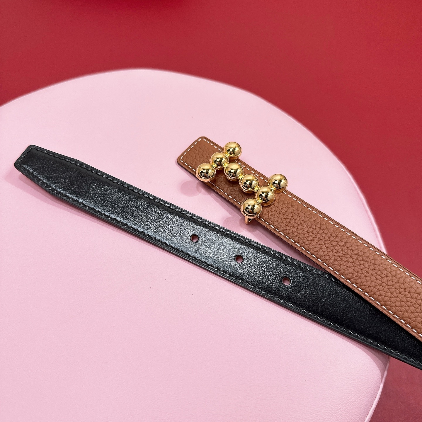 Premium Leather Reversible Belt with Gold Beaded H Buckle