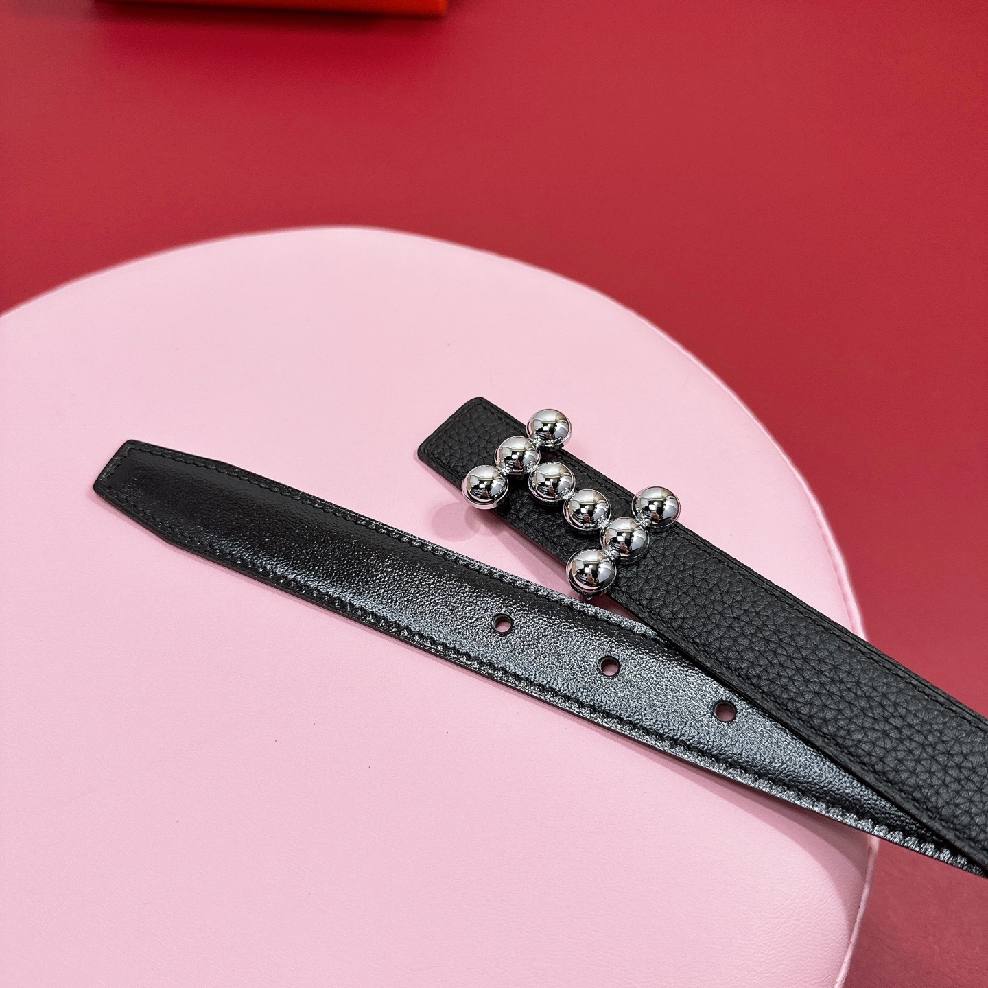 Women's Luxury Black Leather Belt with Silver Sphere H Buckle