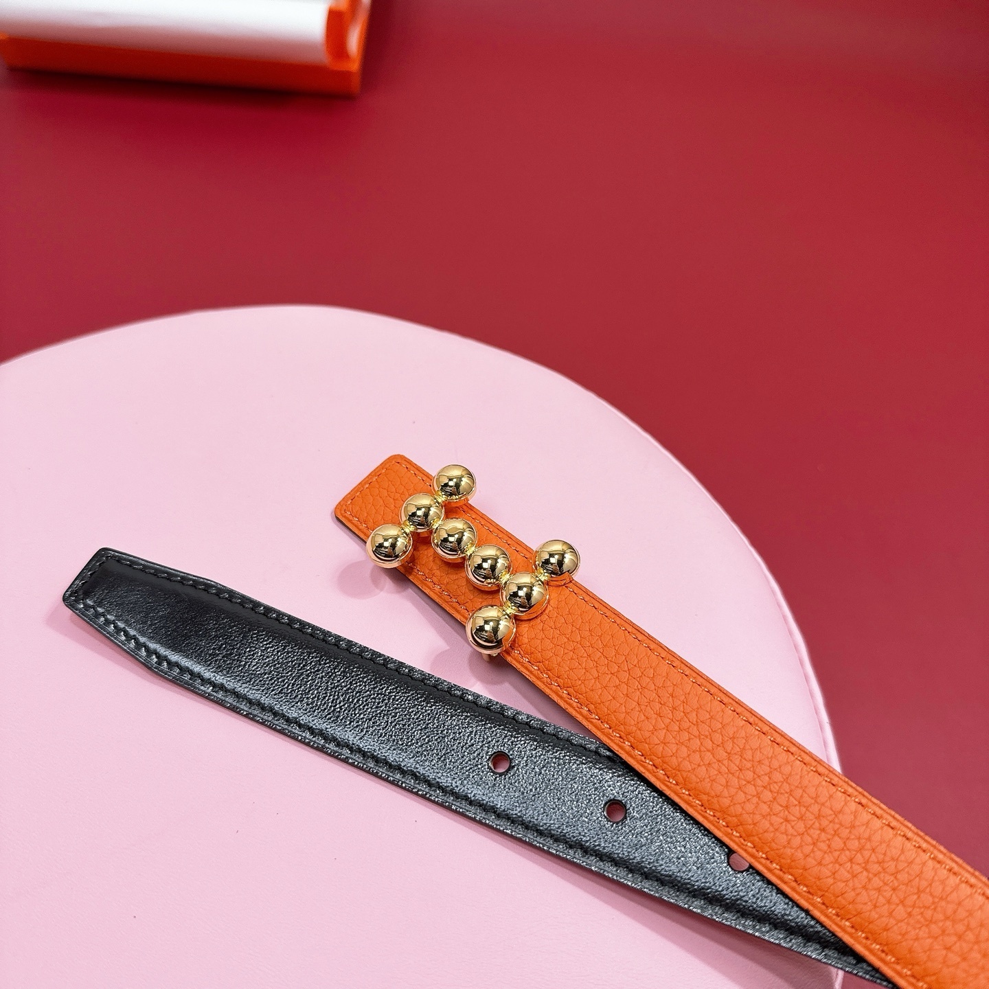 Luxury Women's Leather Belt - Orange with Gold Studded H Buckle