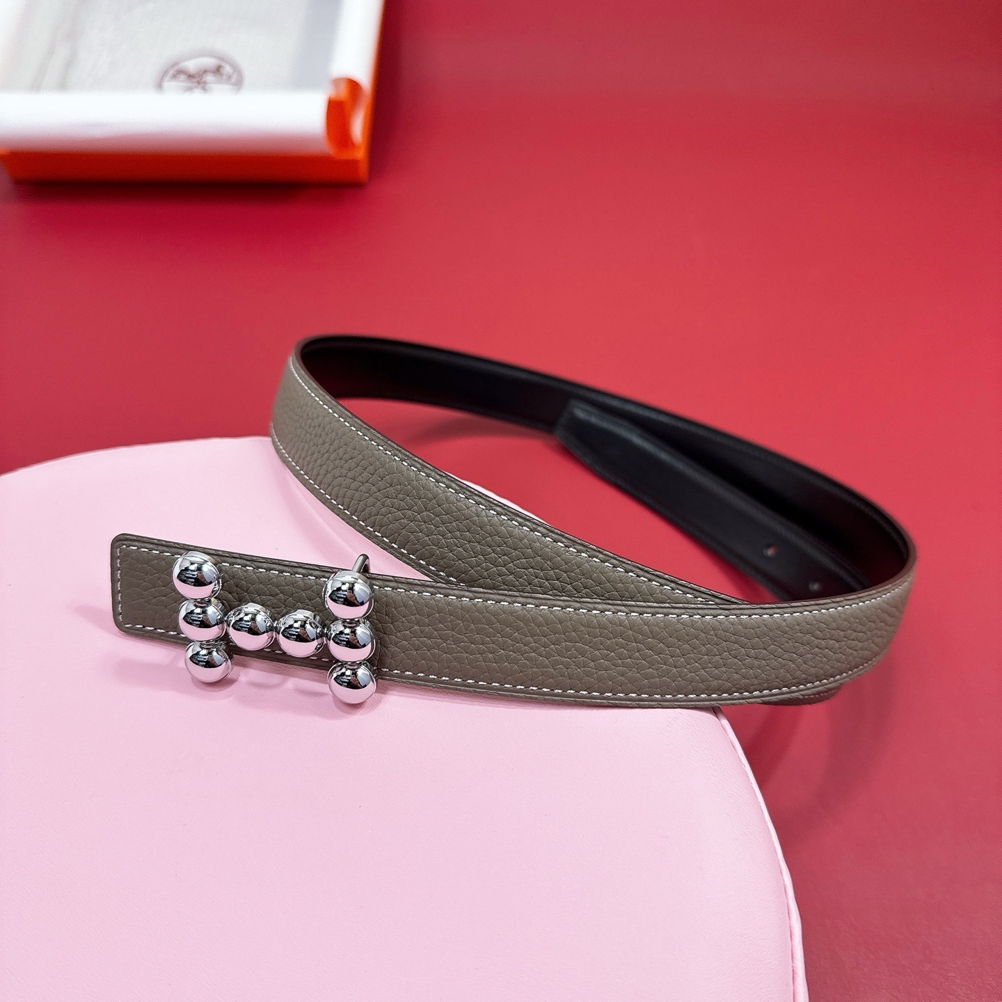 Luxury Grained Leather Belt with Silver Beaded H Buckle - Taupe