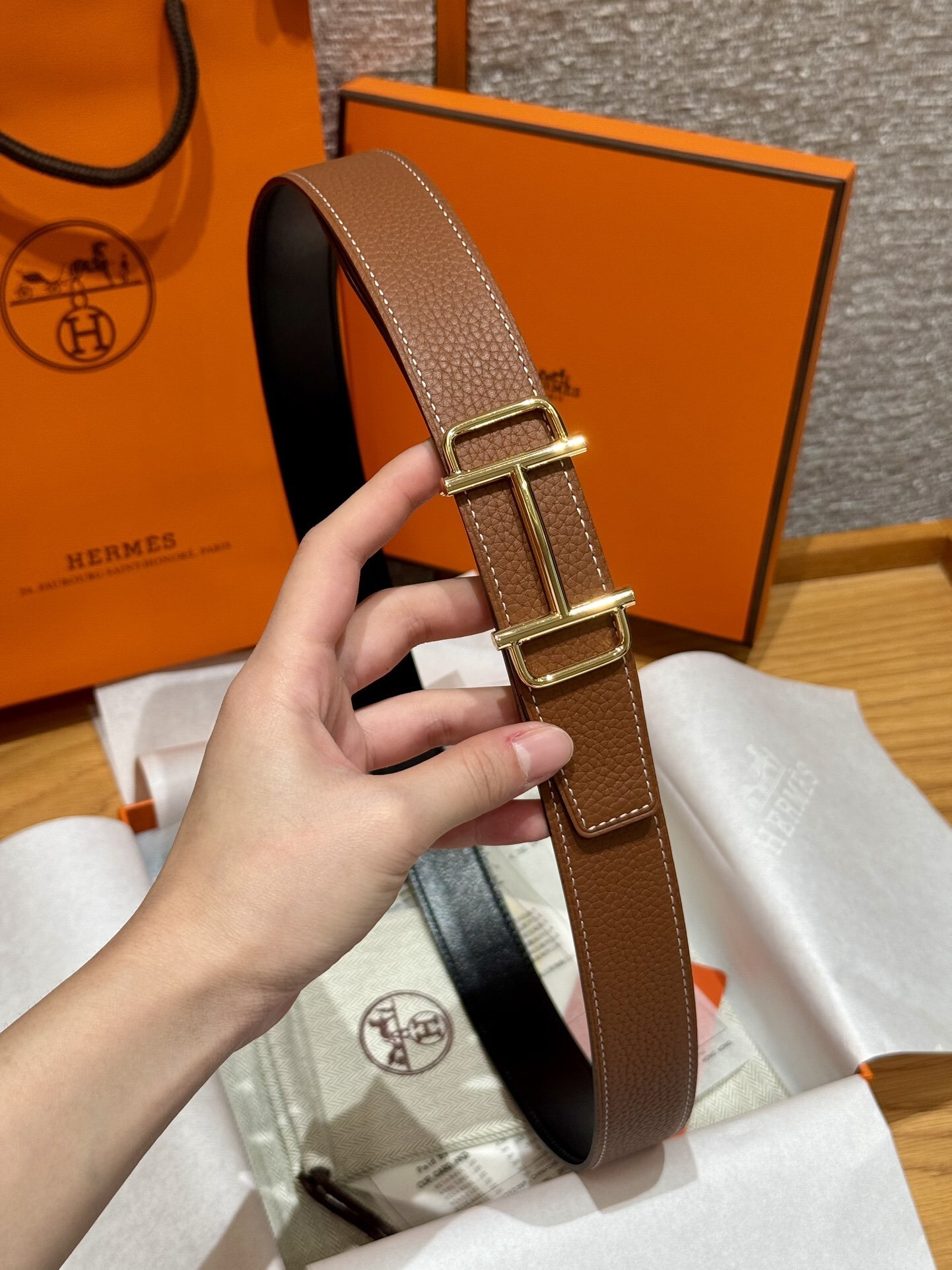 Luxury Hermes Brown Leather Belt with Iconic Gold H Buckle